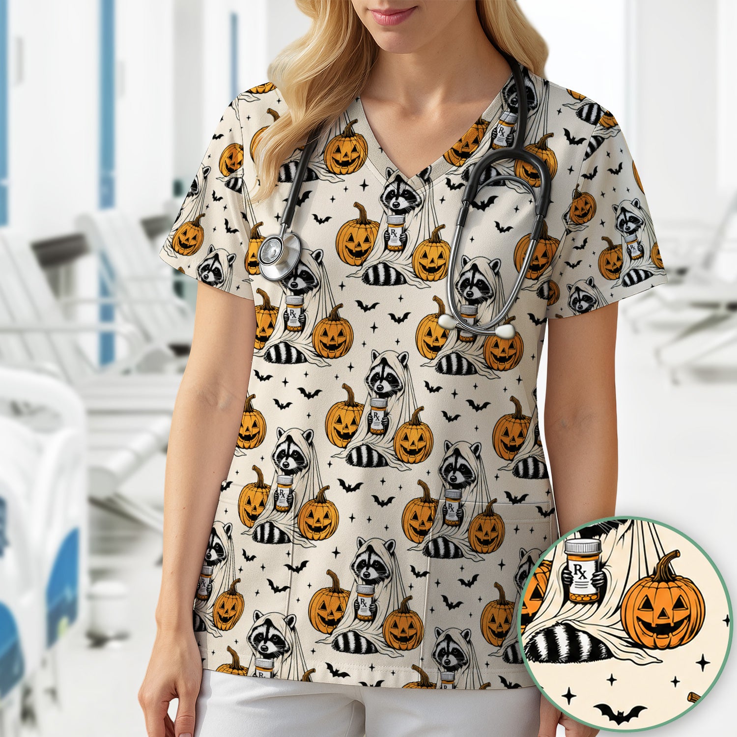 Halloween Raccoon with Pumpkin Bat Print Scrub Top, Comfortable Scrubs for Nurses