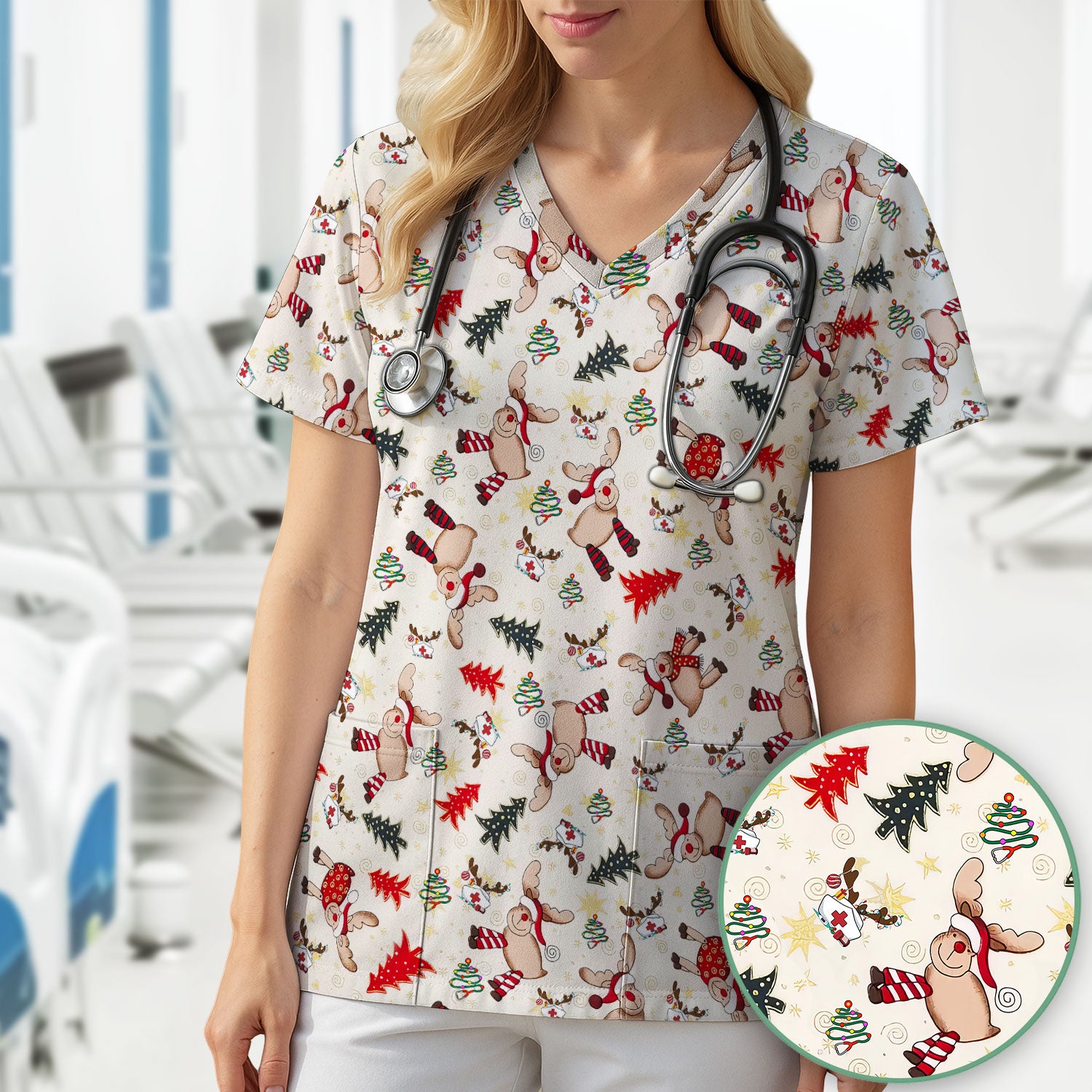 Cute Reindeer Christmas Nurse Scrub Top - Festive Holiday Medical Shirt - Comfortable Scrubs for Women RN CNA LPN
