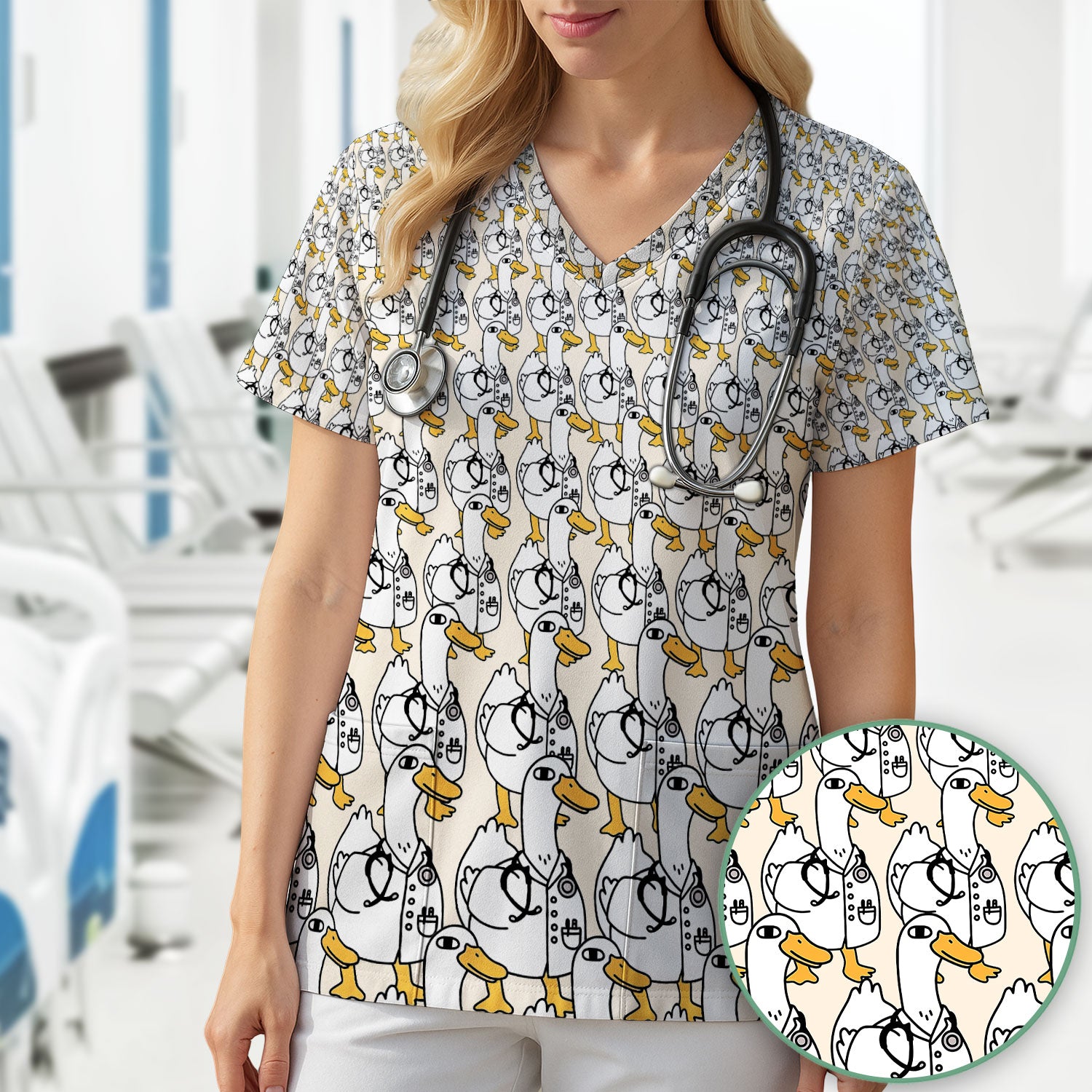 Funny Duck Scrub Top for Women - I'm a Doctor Shirt - Cute Duck In The Row - Breathable Fabrics Nursing Uniform