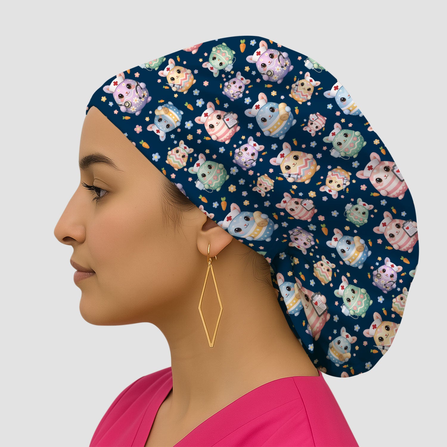 Cute Nurse Bunny Pastel Floral Print Bouffant Scrub Caps,  Breathable Fabrics Caps Uniform