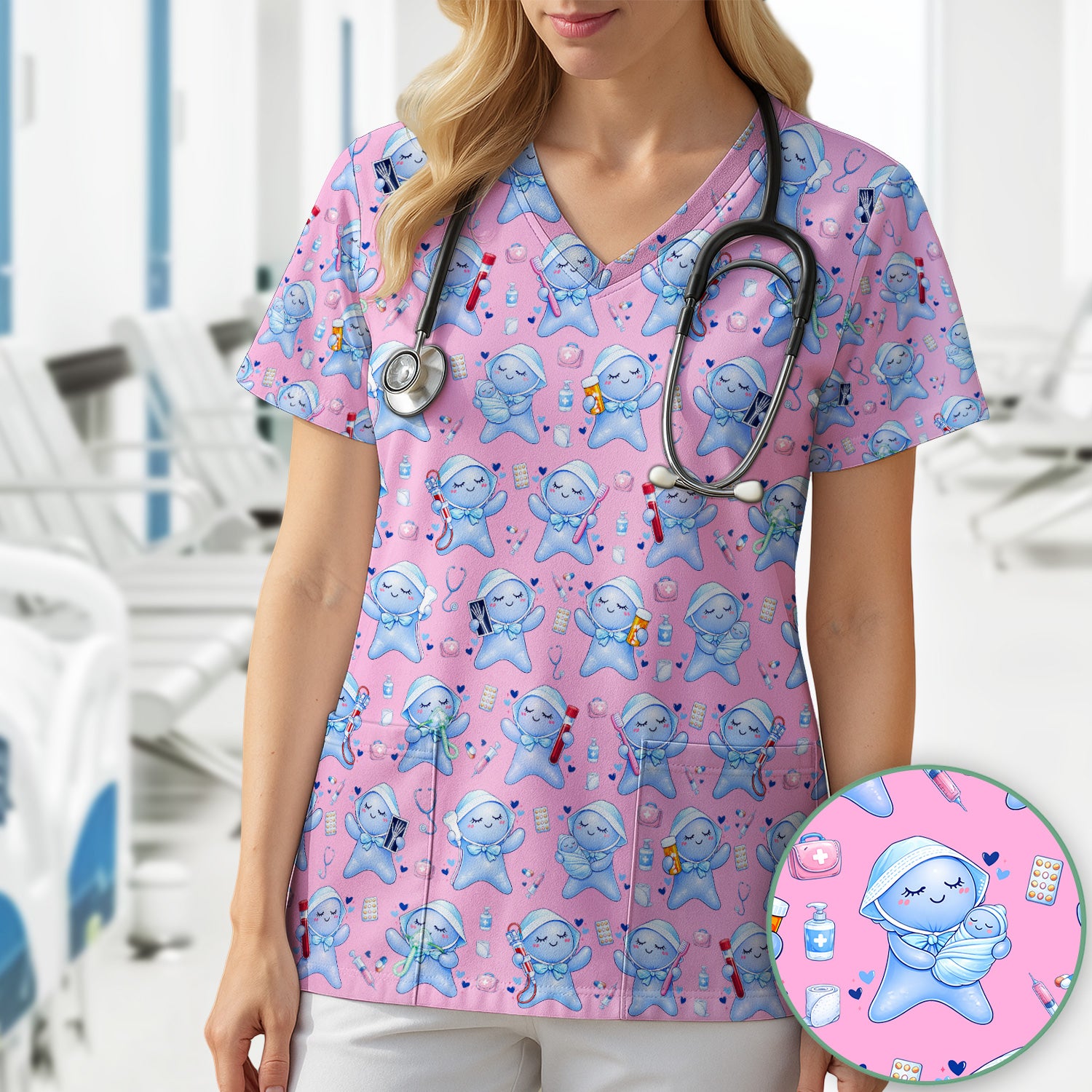 Cute Tooth Character Dental Tools Caring Pattern Scrub Top, Breathable Fabrics Nursing Uniform