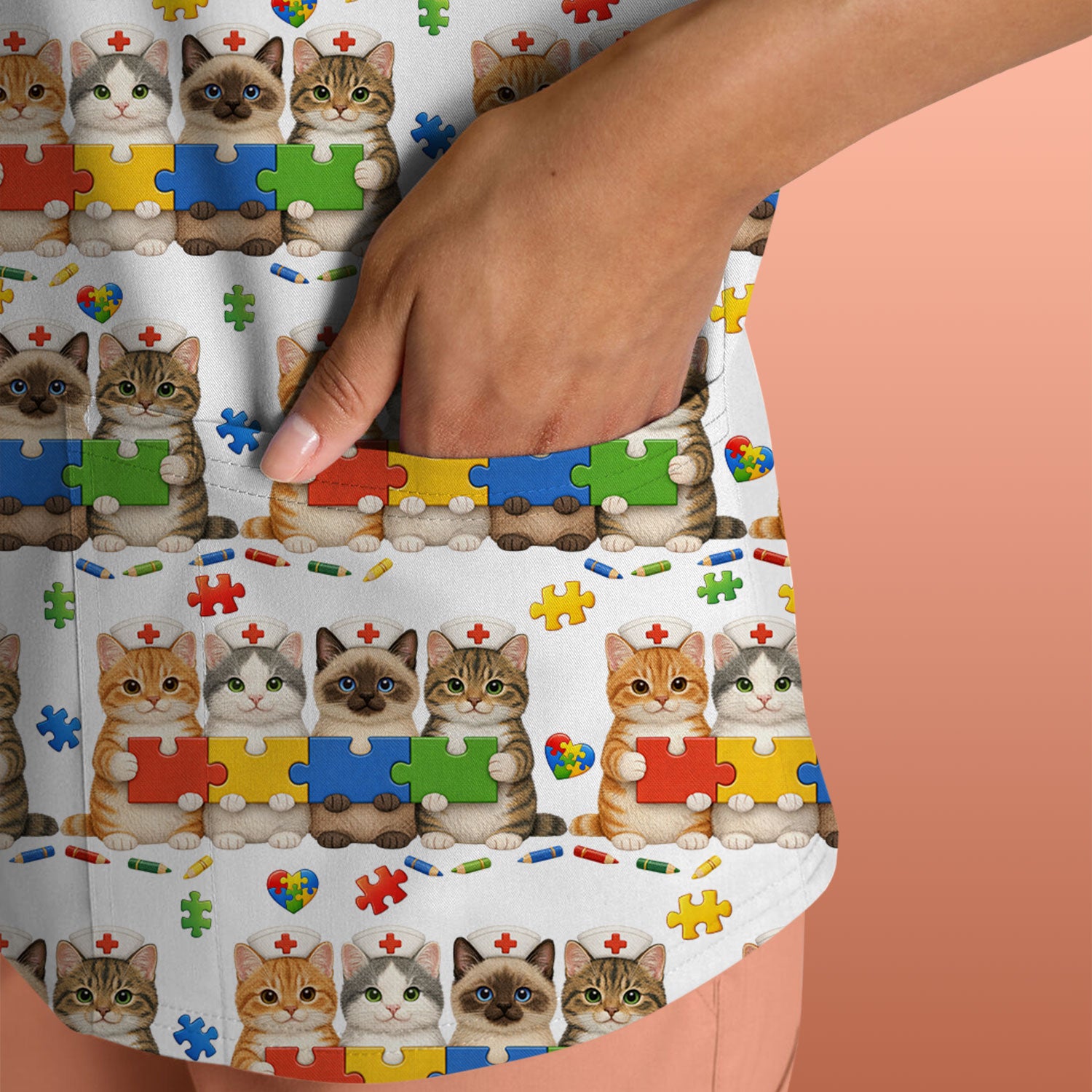Autism Awareness Nurse Scrub Top, Cat Autism Pattern Nurses Shirt, Comfortable Uniform Scrubs For Nursing