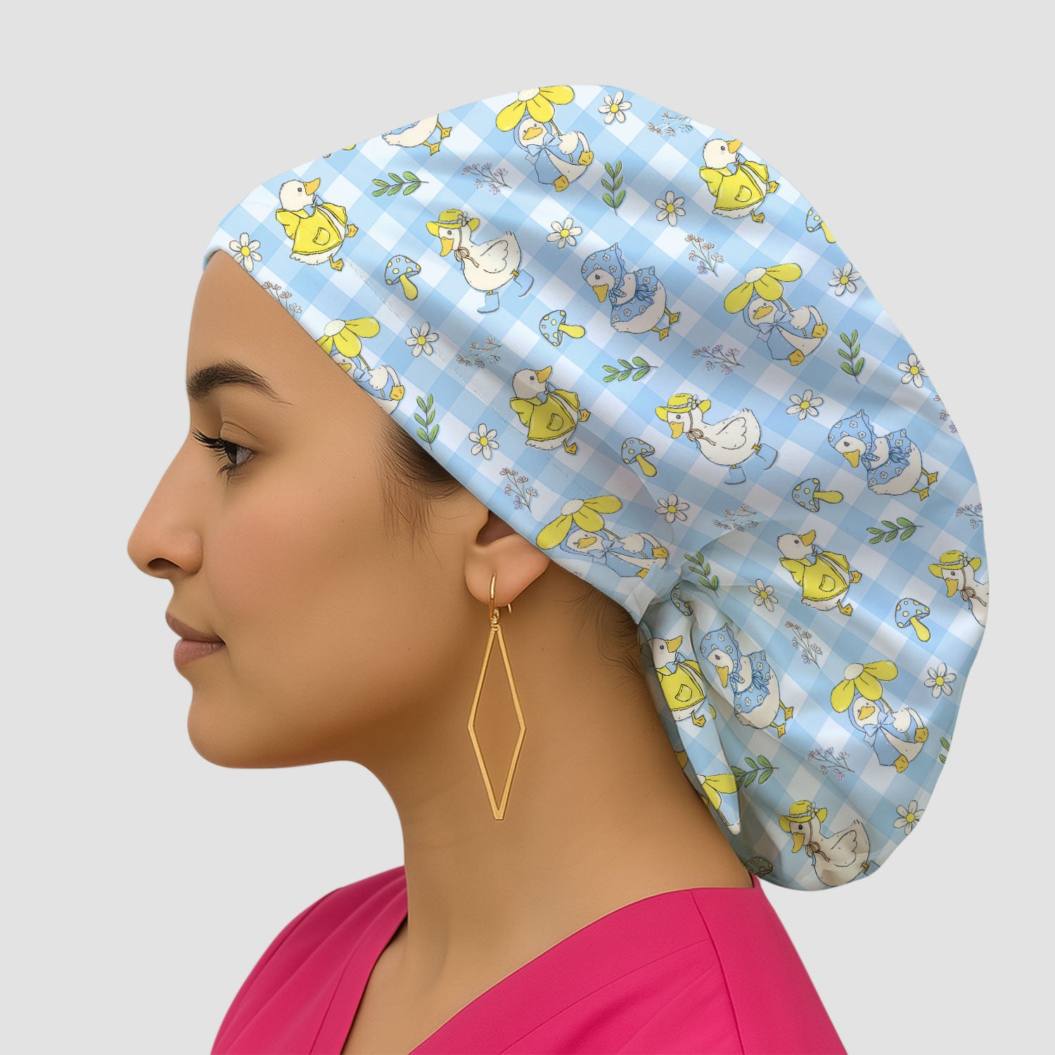 Cute Duck Outfit Gingham Pattern Scrub Cap, Bouffant Scrub Caps for Women