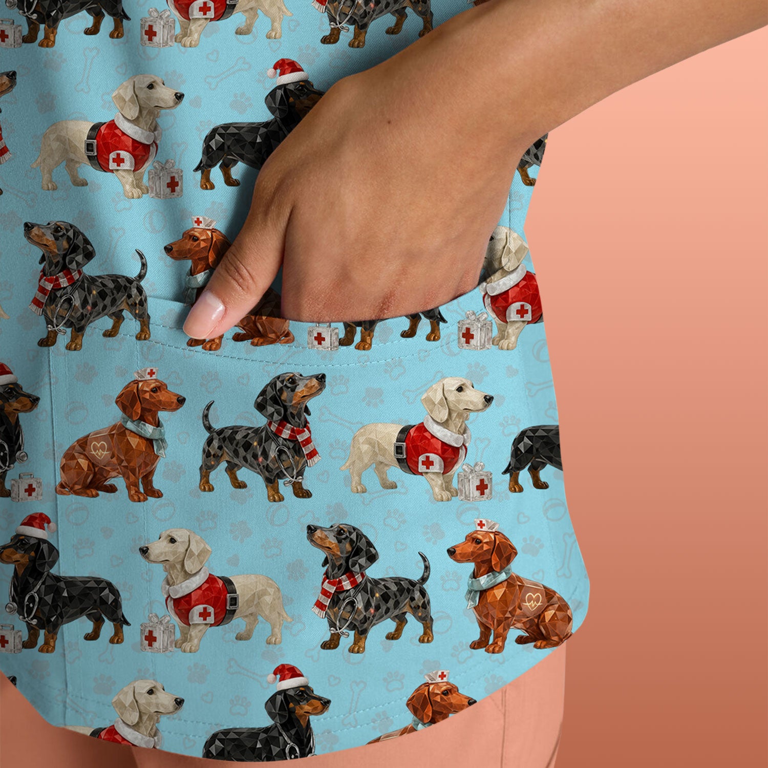 Funny Dachshund Christmas Dog Nurse Scrub Top, Holiday Puppy Medical Uniform Shirt For Nursing