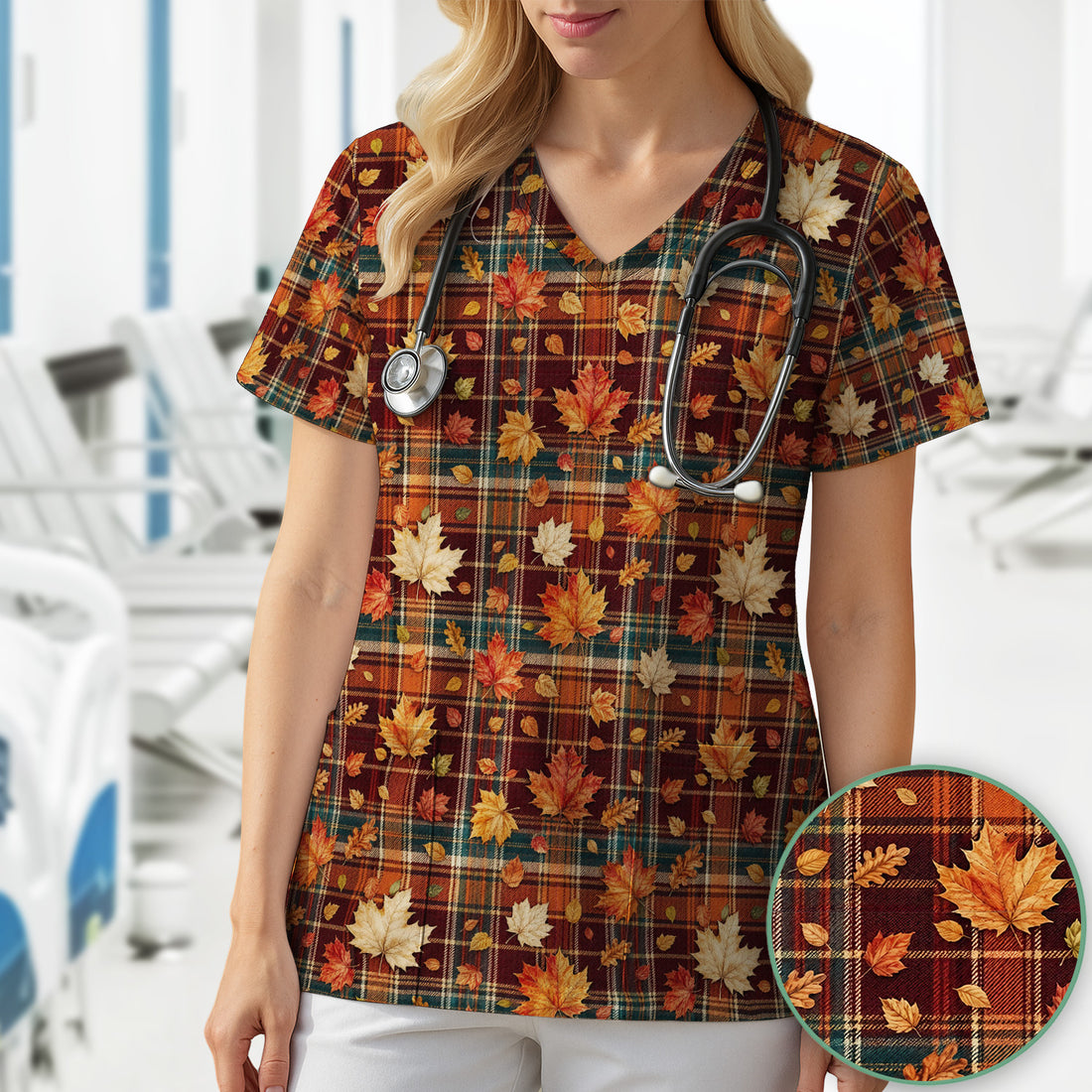 Autumn Plaid And Maple Leaves Scrub Top, Comfortable Scrubs for Nurses