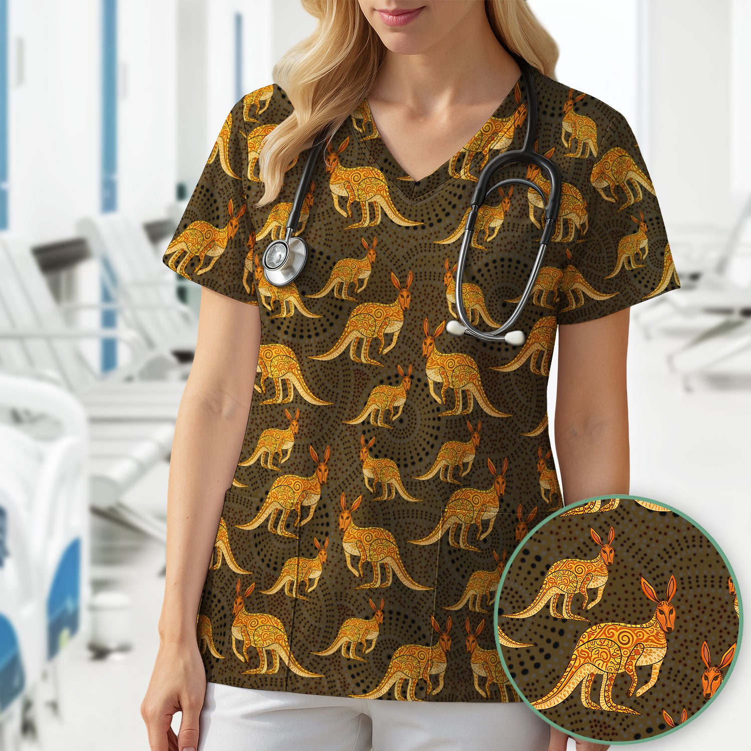 Australian Kangaroo Dot Art Inspired Medical Scrub Top - Women Uniform