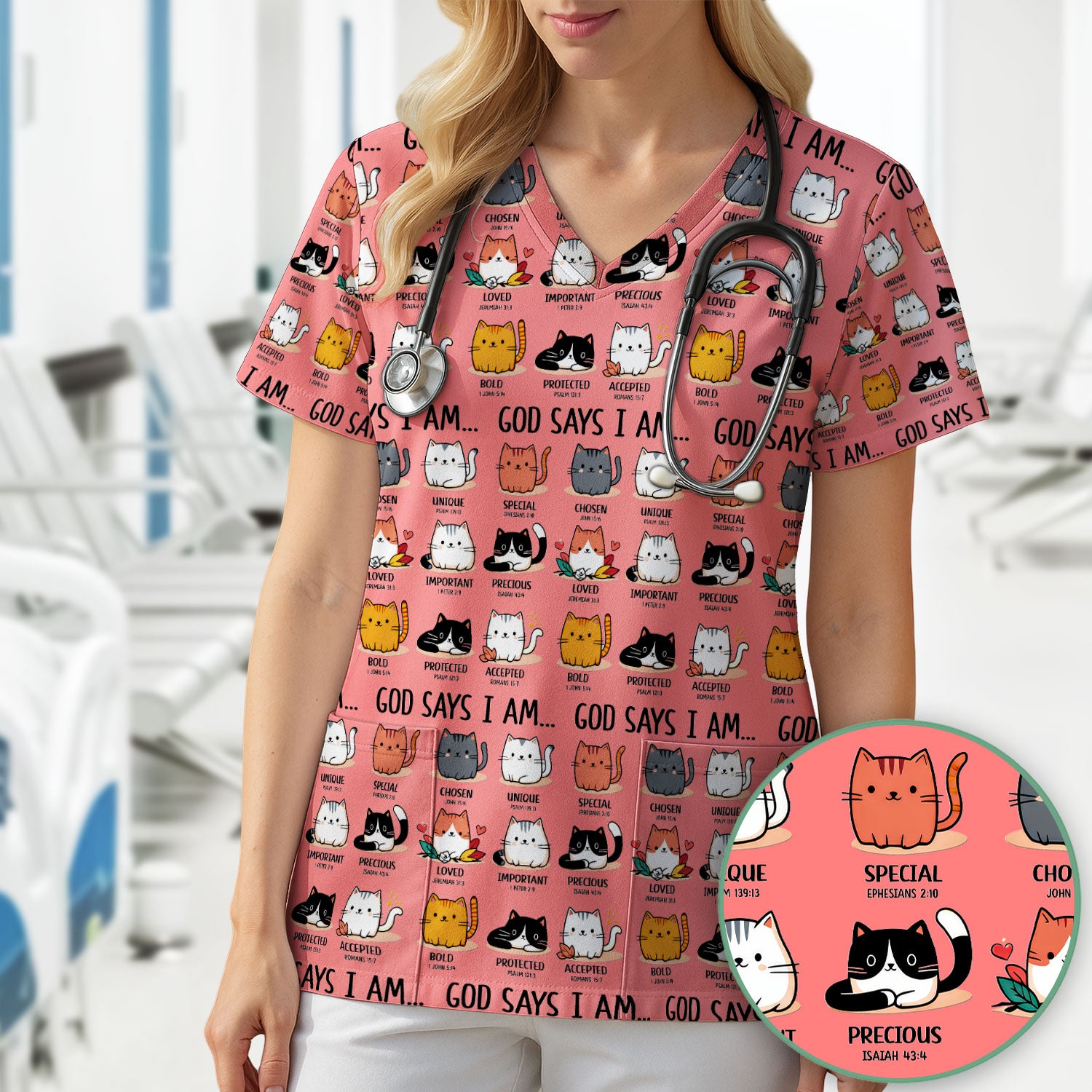 Cute Christian Cat God Says I Am Scrub Top, Comfortable Scrubs for Nurses