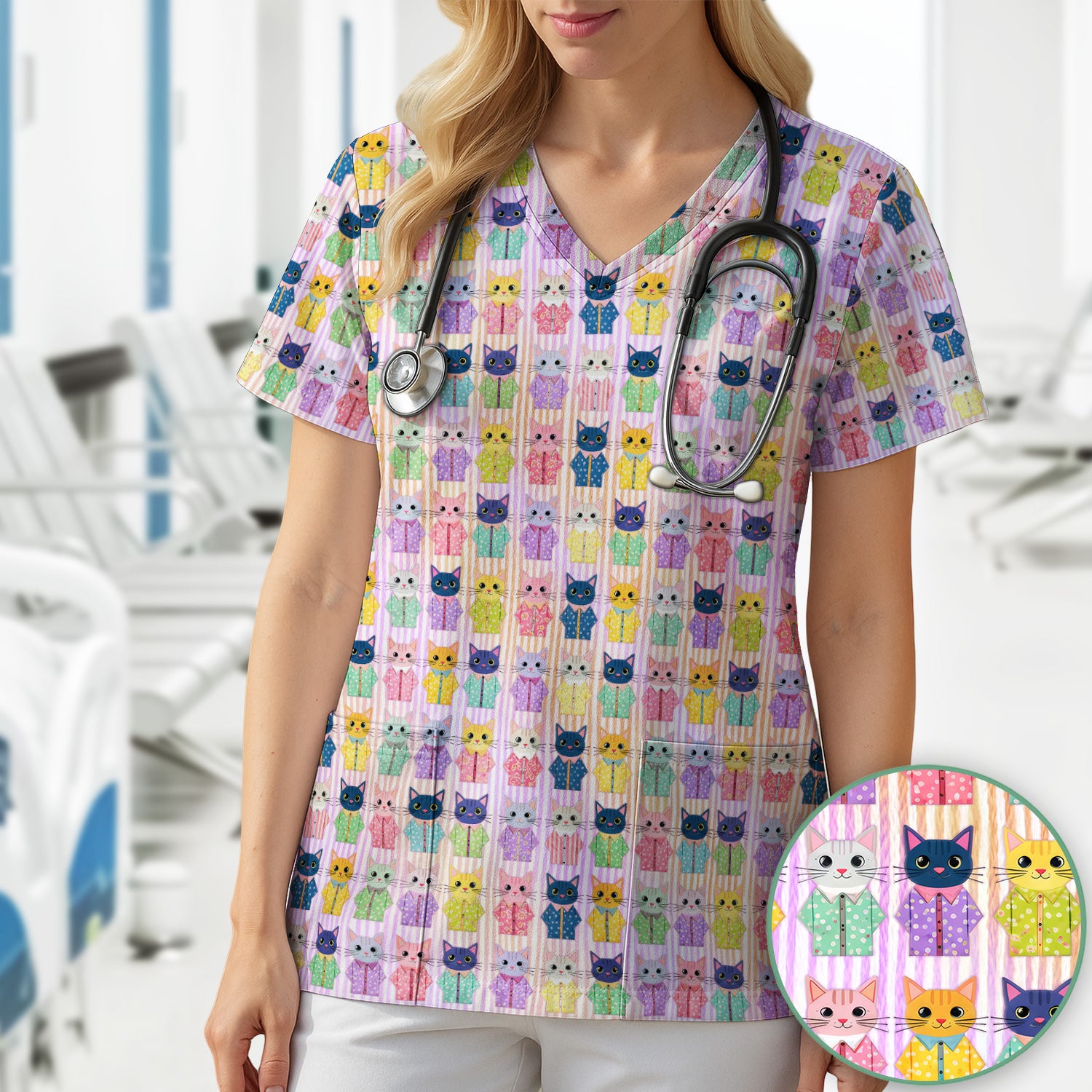 Cute Cat Pajama Pattern Scrub Top, Soft Nursing Workwear Top