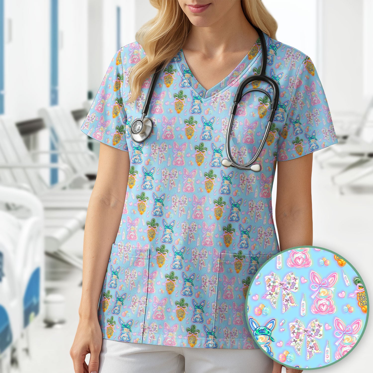 Easter Bunny Carrot Bow Floral Print Scrub Top, Comfortable Scrubs for Nurses