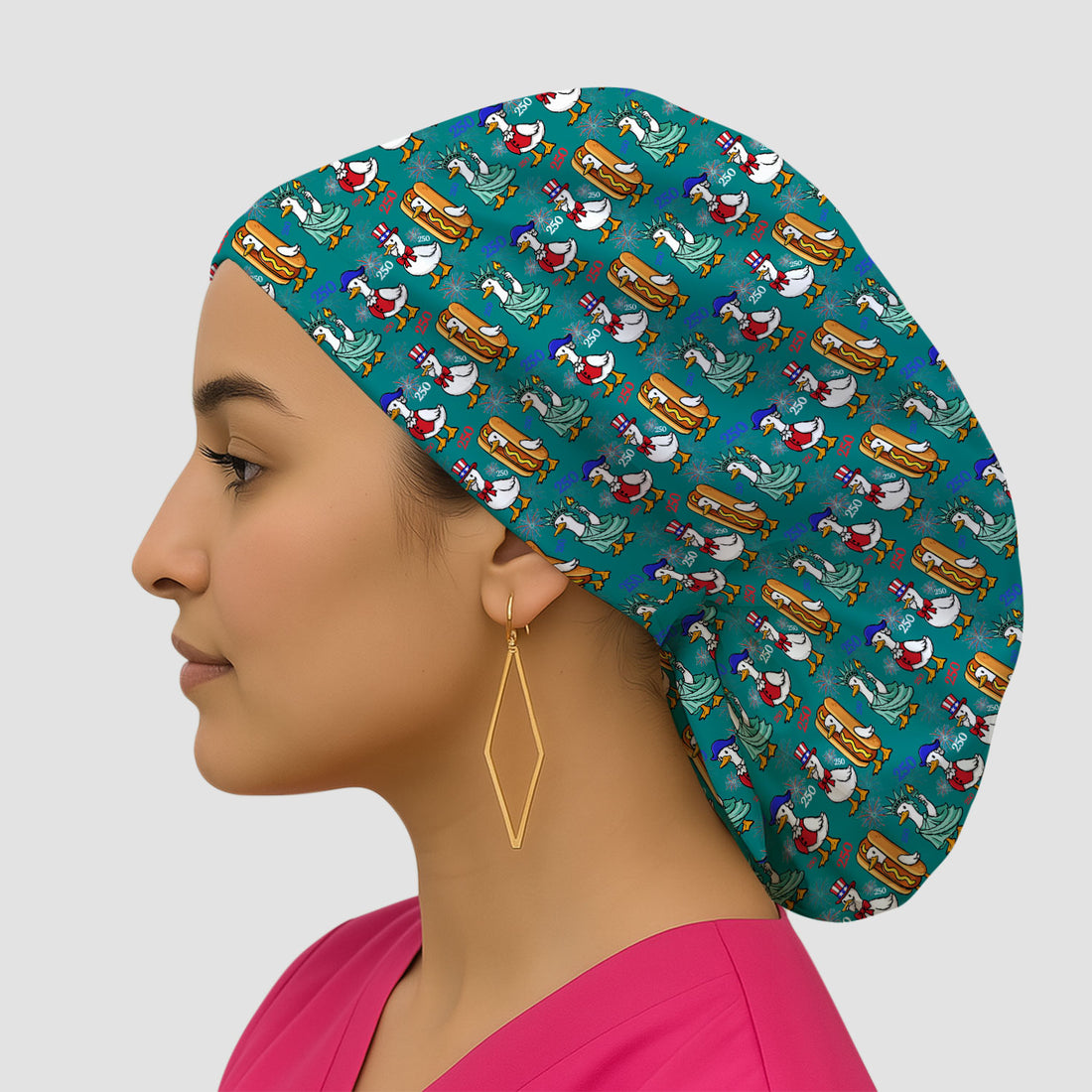 Patriotic Duck Independence Day Pattern Print Cap, Bouffant Scrub Caps for Women