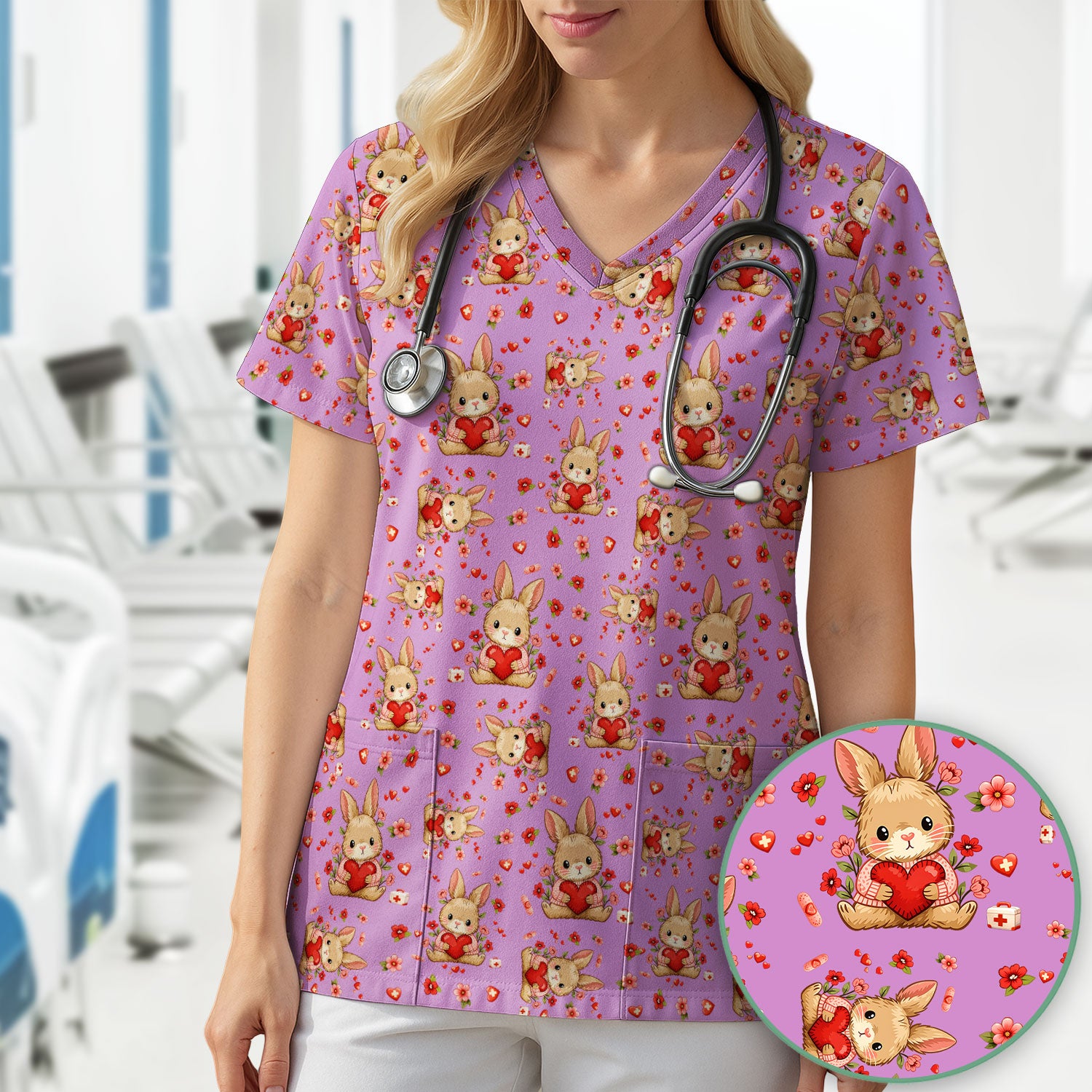 Adorable Bunny Heart Healthcare Design Scrub Top, Comfortable Scrubs for Nurses, Easter