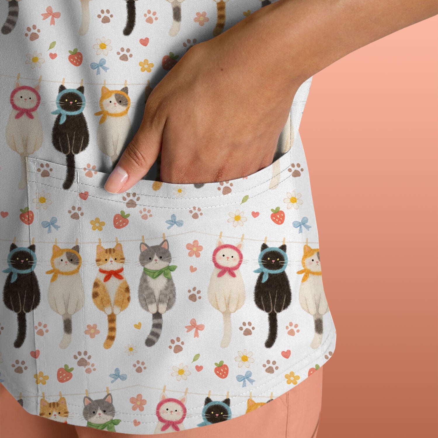 Cute Cat Clothesline Pattern Scrub Top, Comfortable Scrubs for Nurses