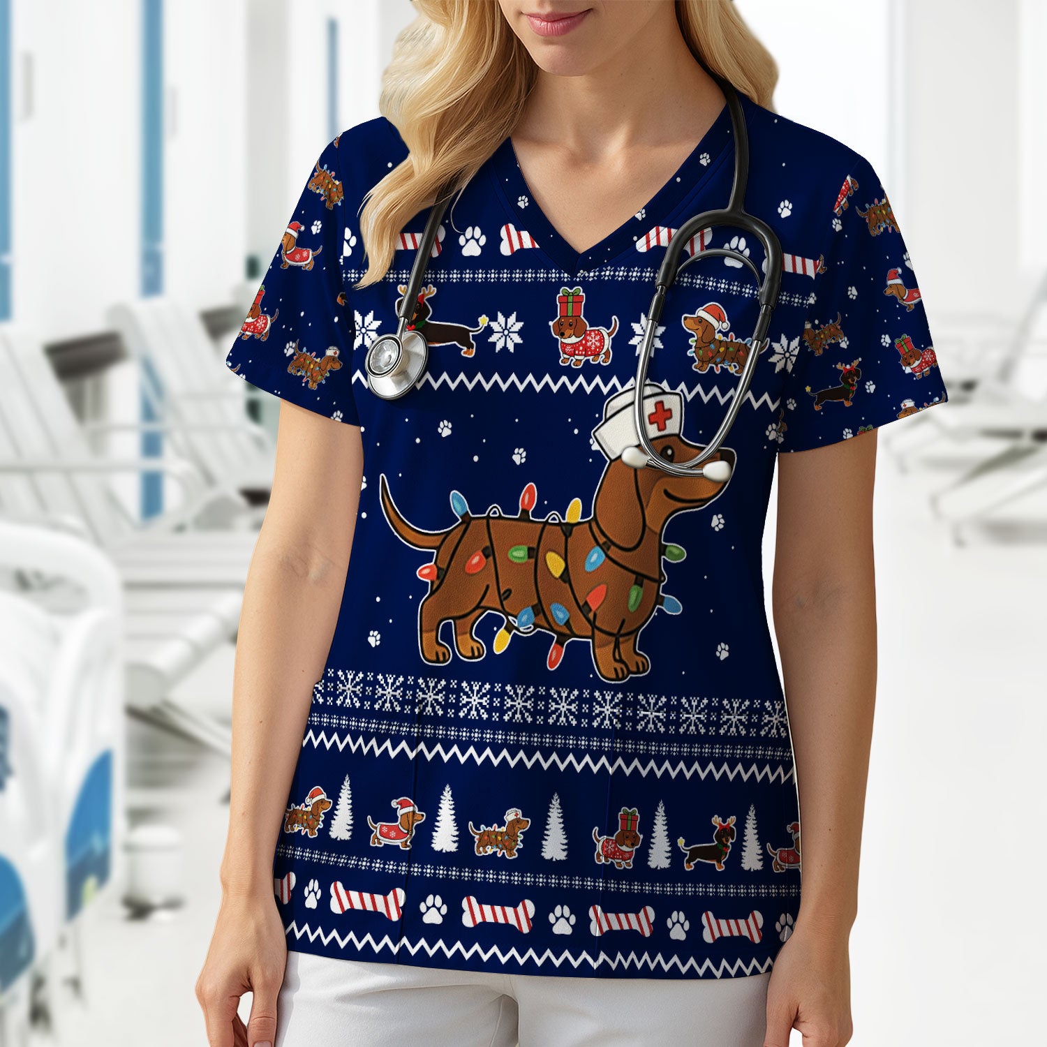 Christmas Dachshund Nurse Scrub Top for Women - Cute Sausage Dog Wearing Lights - Funny Holiday Medical Shirt Gift for RN CNA LPN