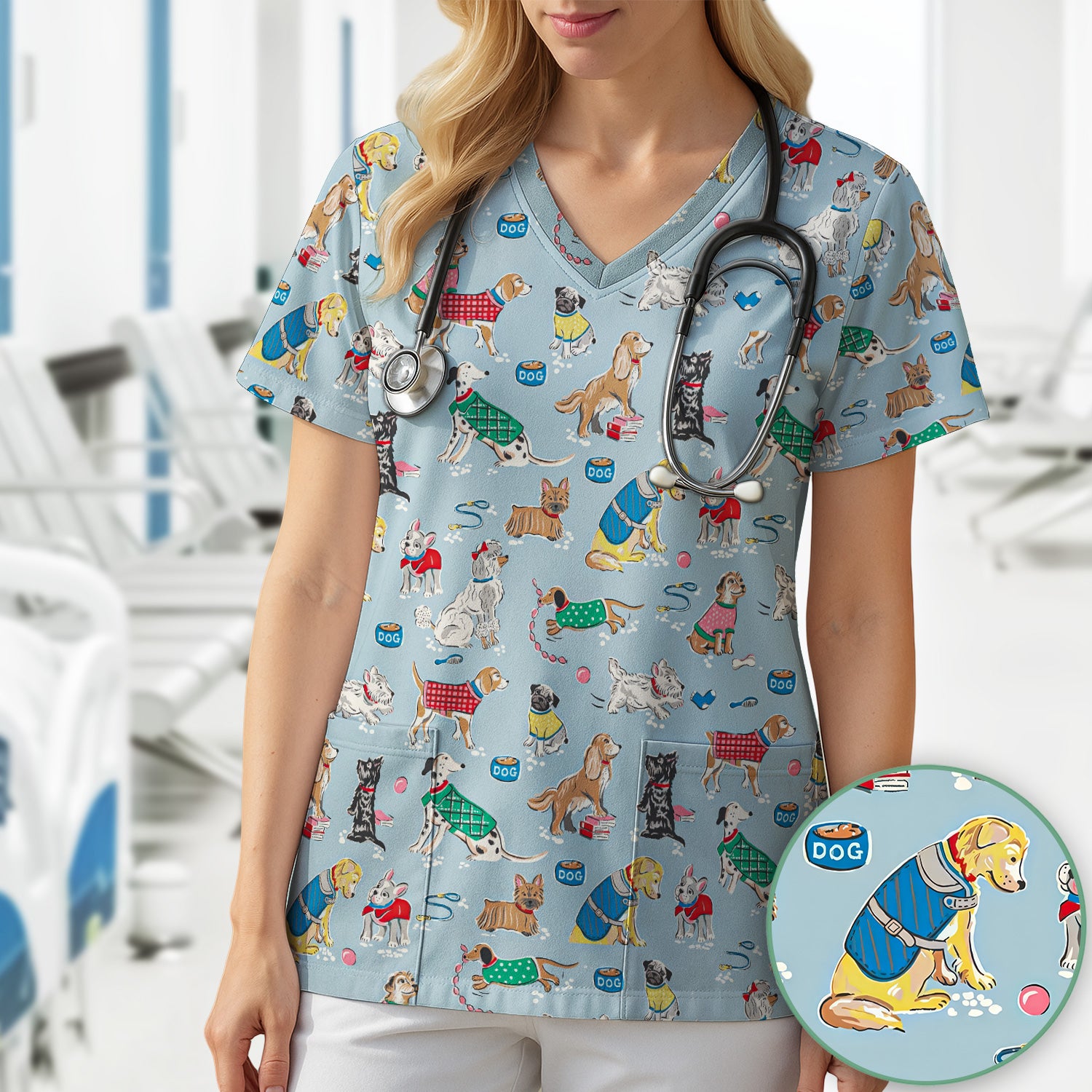 Cute Dog Wearing Sweater Playing Ball Pattern Scrub Top, Comfortable Scrubs for Nurses