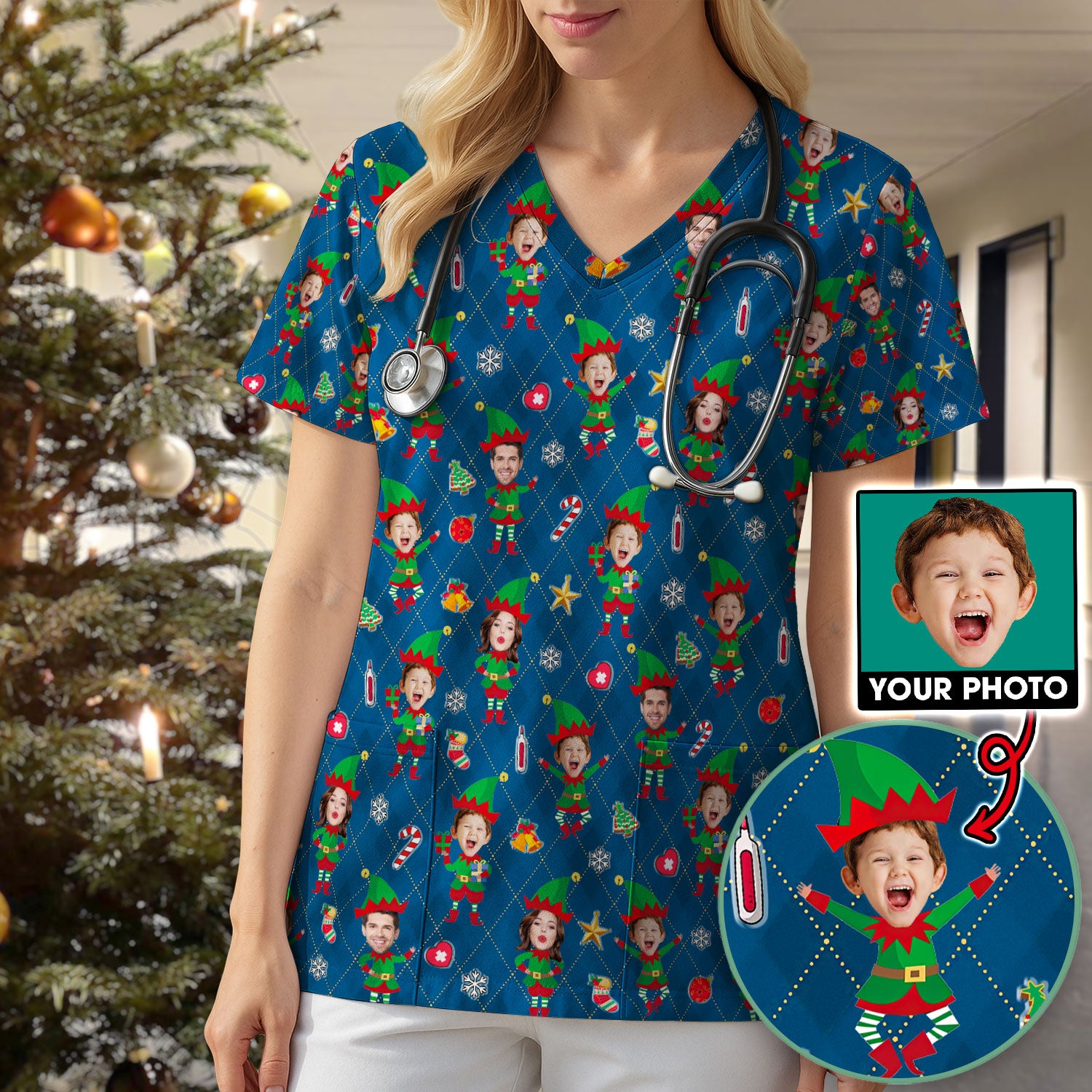 Personalized Face Nurse Shirt, Custom Photo Christmas Scrub Top, Funny Holiday Medical Uniform For Nursing