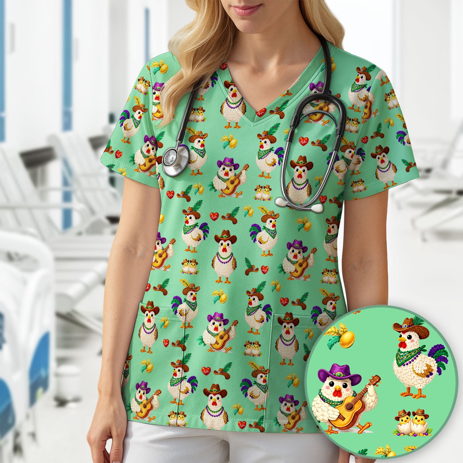 Funny Mardi Gras Rooster Cowboy Print Scrub Top, Comfortable Scrubs for Nurses