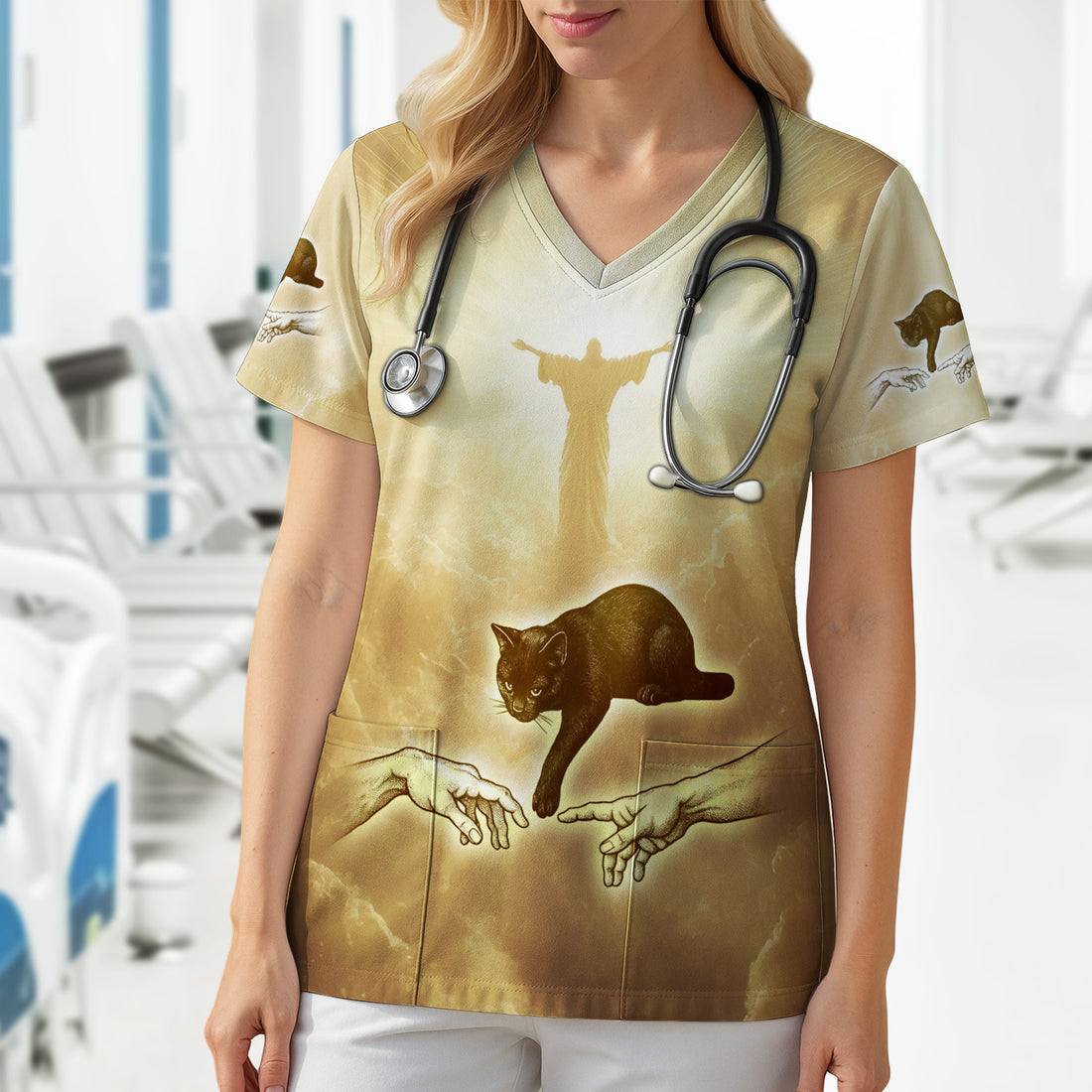 Vintage Angel Cat Art Print V Neck Nursing Scrub Top, Golden Aesthetic