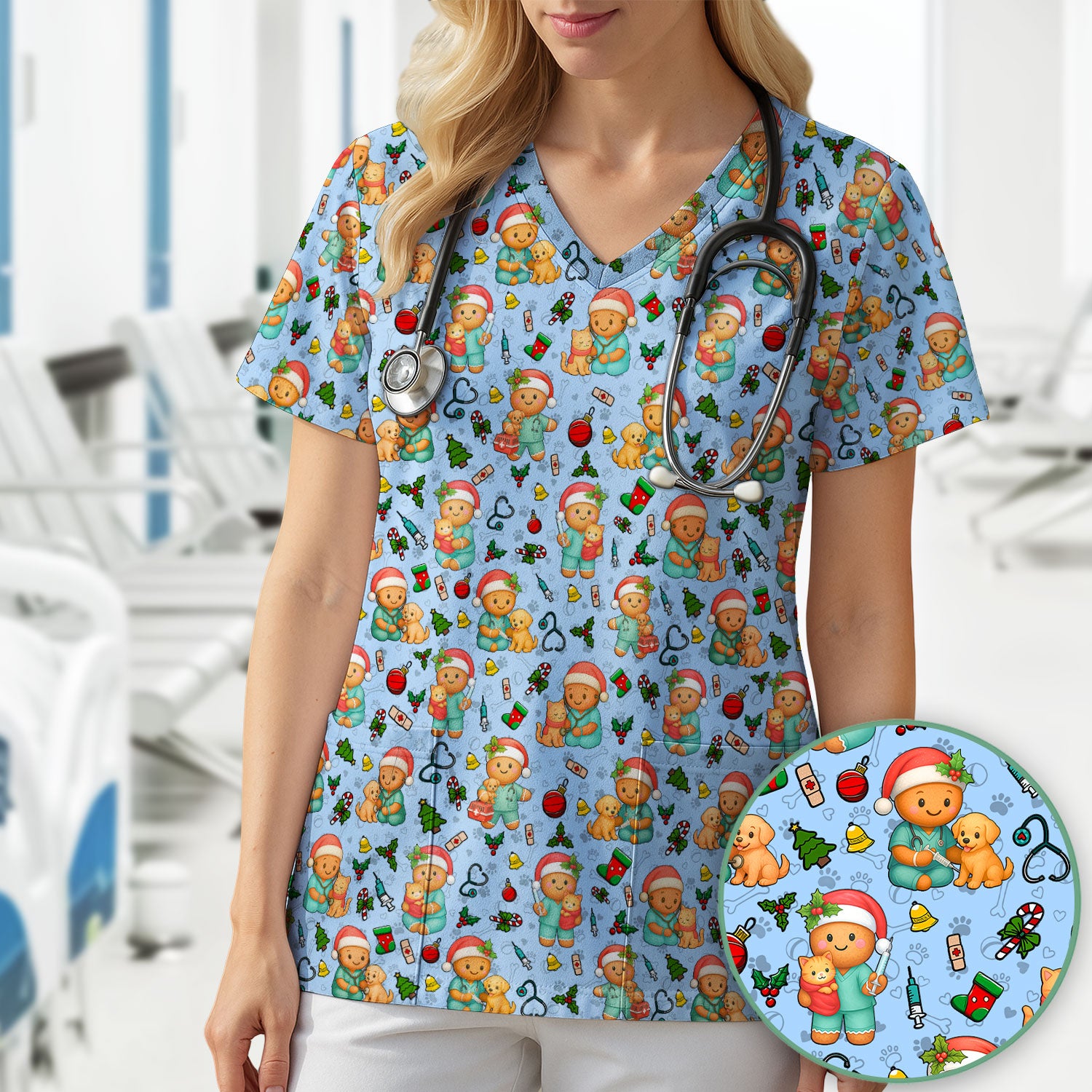 Cute Pharmacy Christmas Scrub Top – Funny Gingerbread Nurse Print Shirt – Festive Holiday Medical Uniform for Pharmacy Tech and Doctor