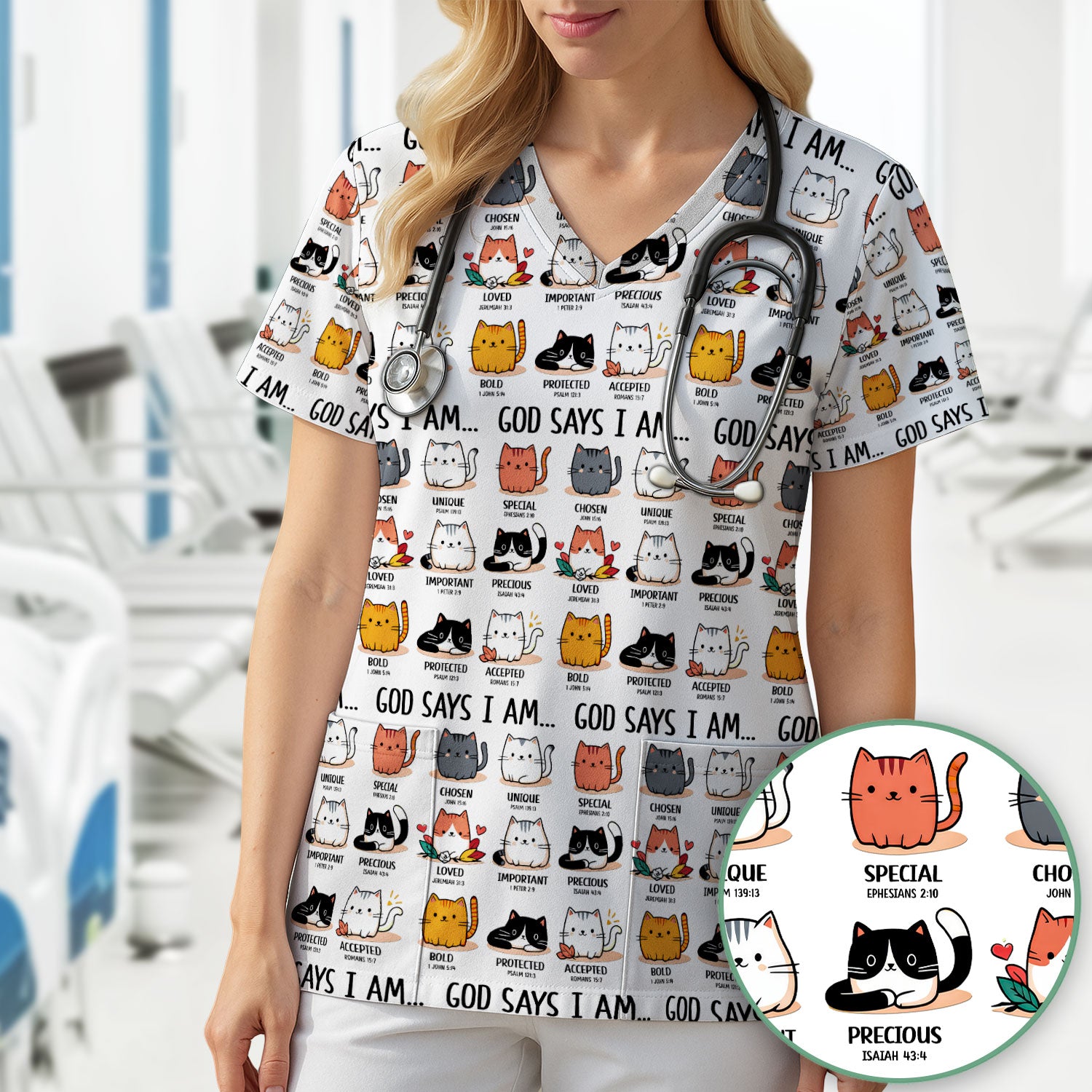 Cute Christian Cat God Says I Am Scrub Top, Comfortable Scrubs for Nurses