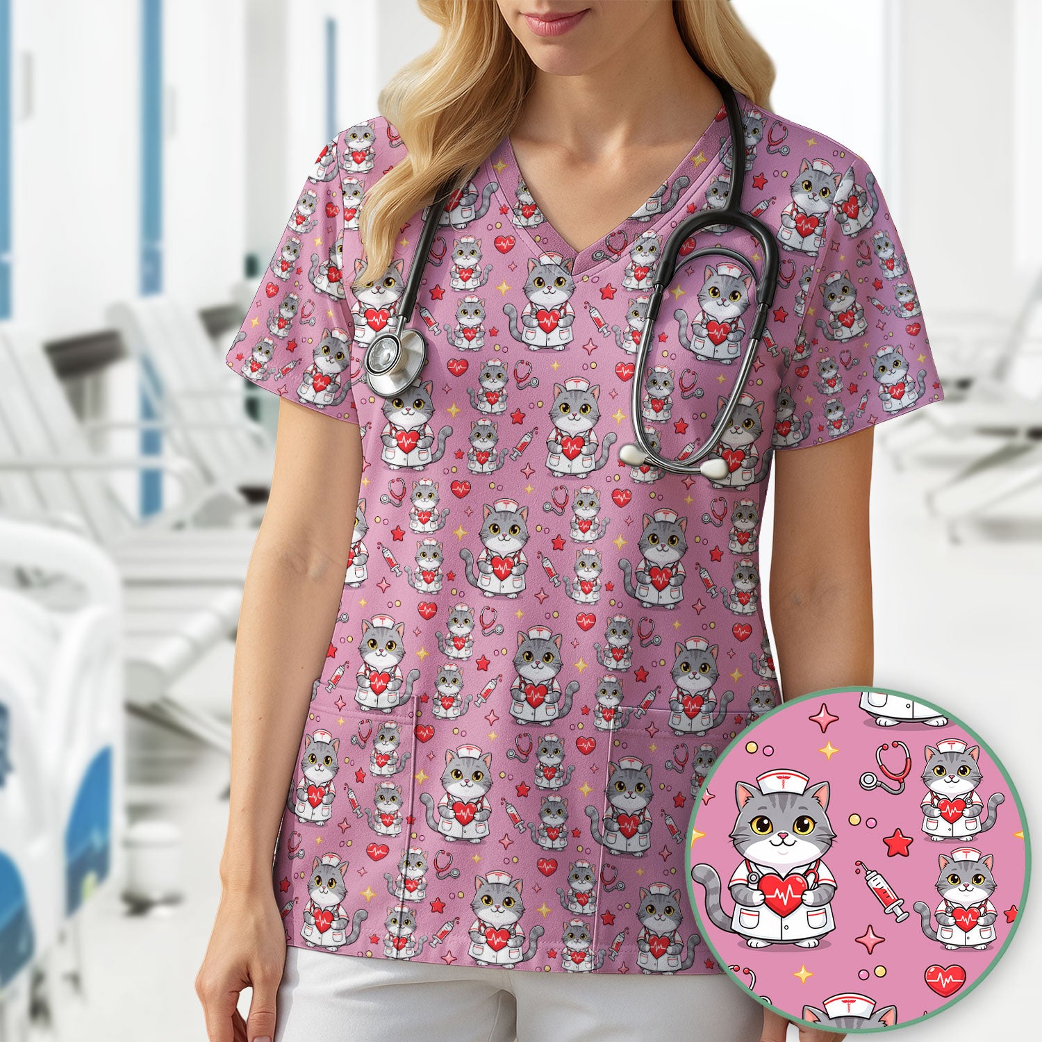 Cute Nurse Cat Heart Medical Print Scrub Top, Comfortable Scrubs for Nurses