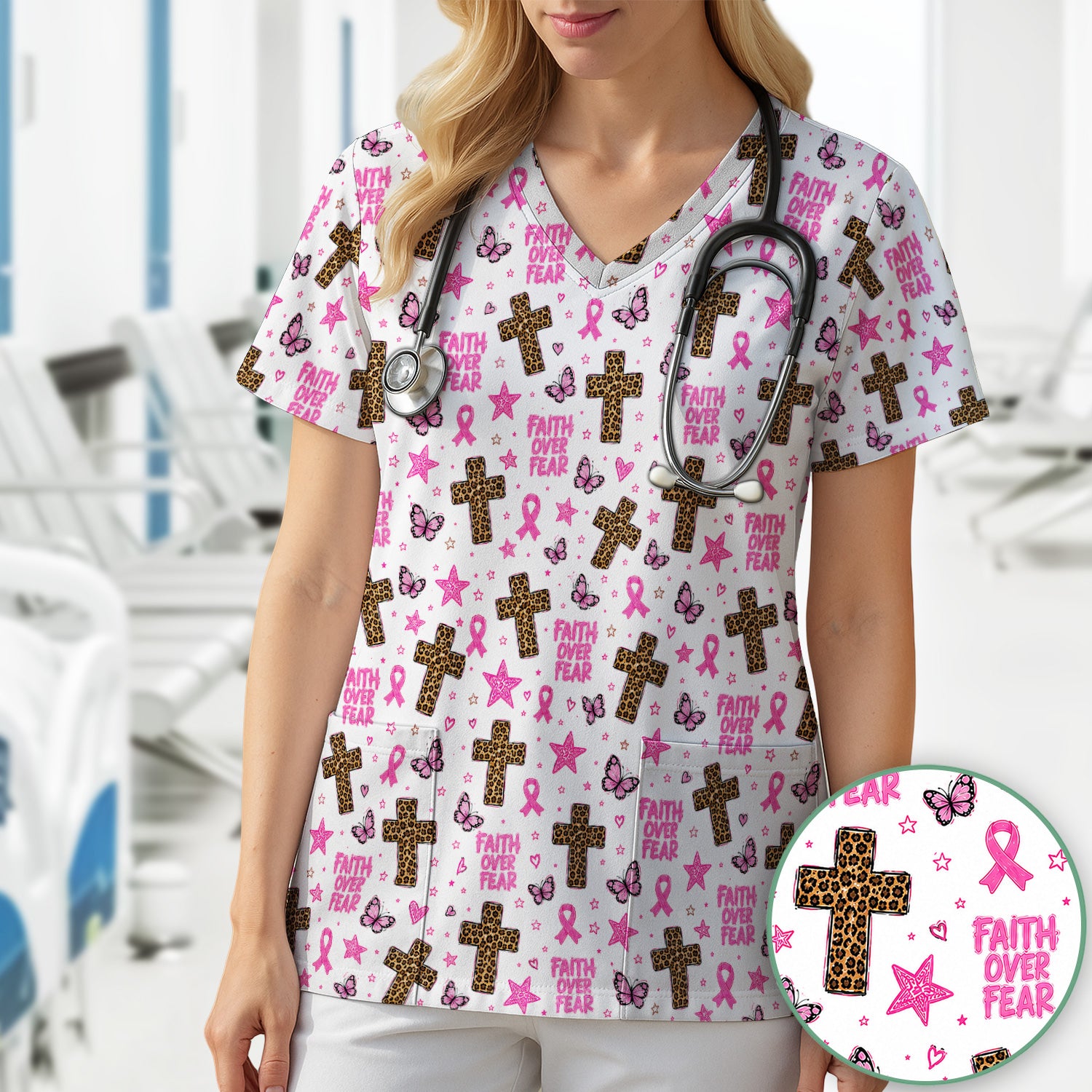 Faith Over Fear Breast Cancer Scrub Top, Comfortable Scrubs for Nurses