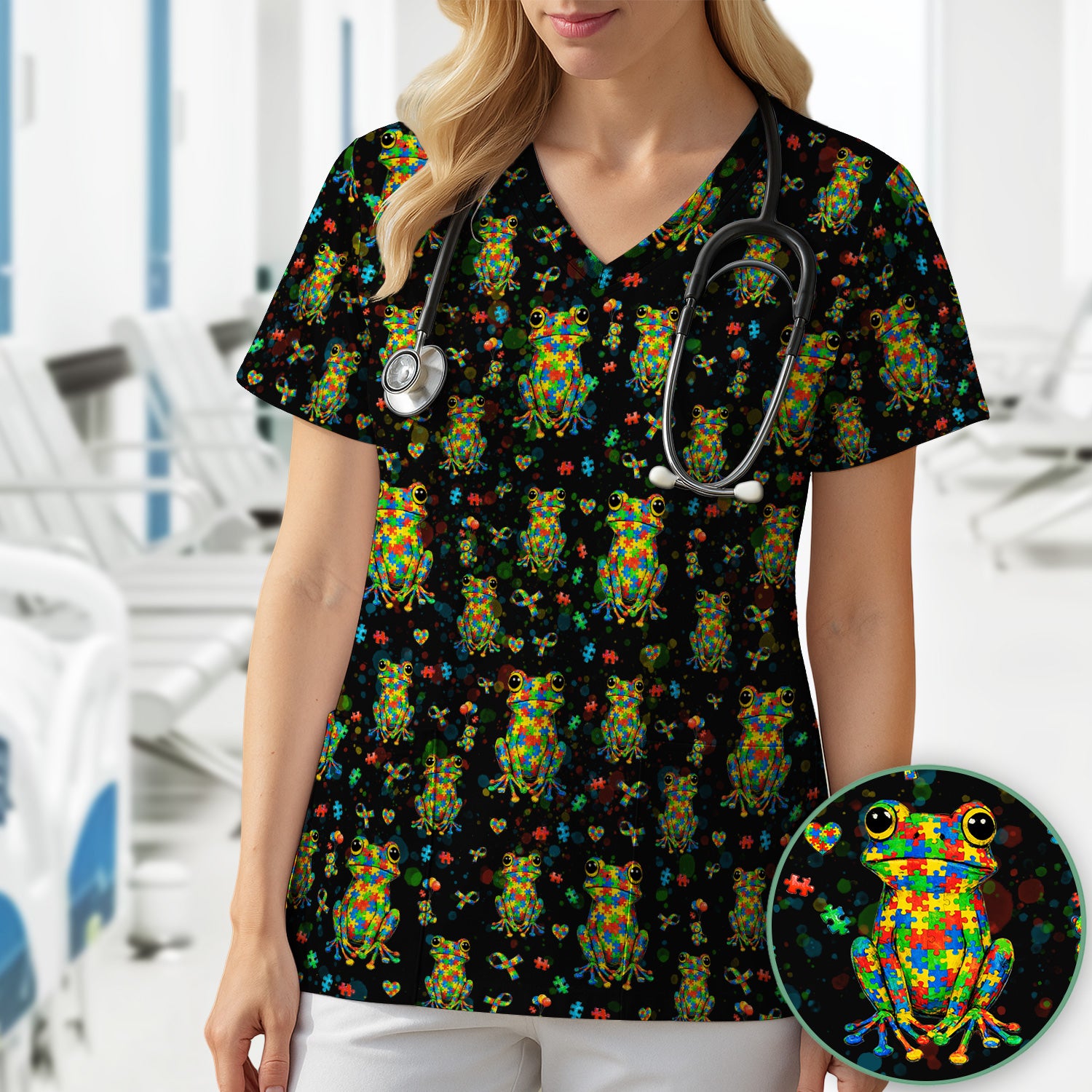 Colorful Autism Puzzle Frog Pattern Scrubs Top, Comfortable Scrubs for Nurses