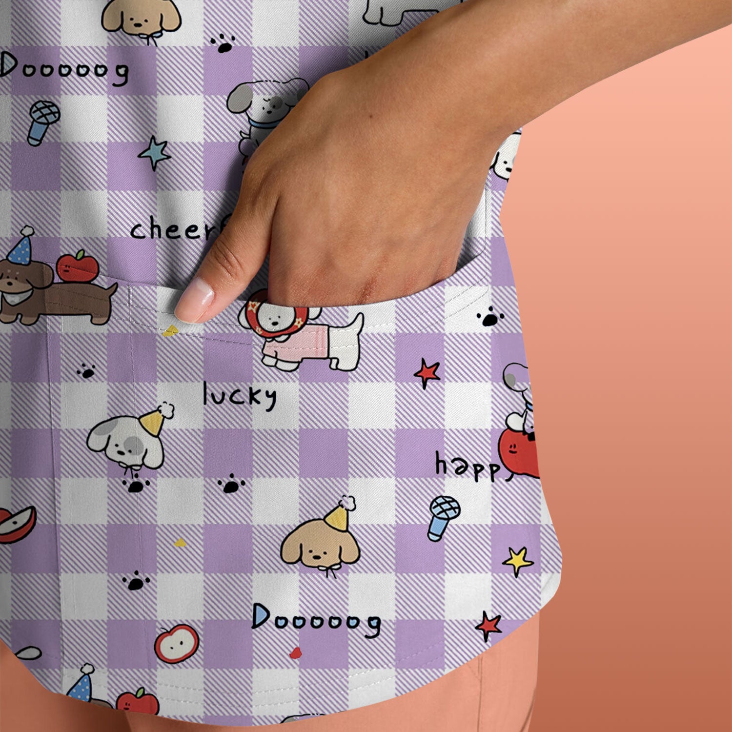 Cute Nurse Cartoon Puppy Apple Gingham Scrub Top, Breathable Fabrics Nursing Uniform
