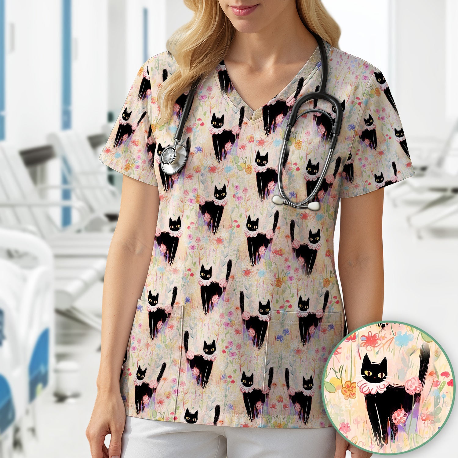 Black Cat Floral Garden Nurse Pattern Scrub Top, Breathable Medical Scrubs