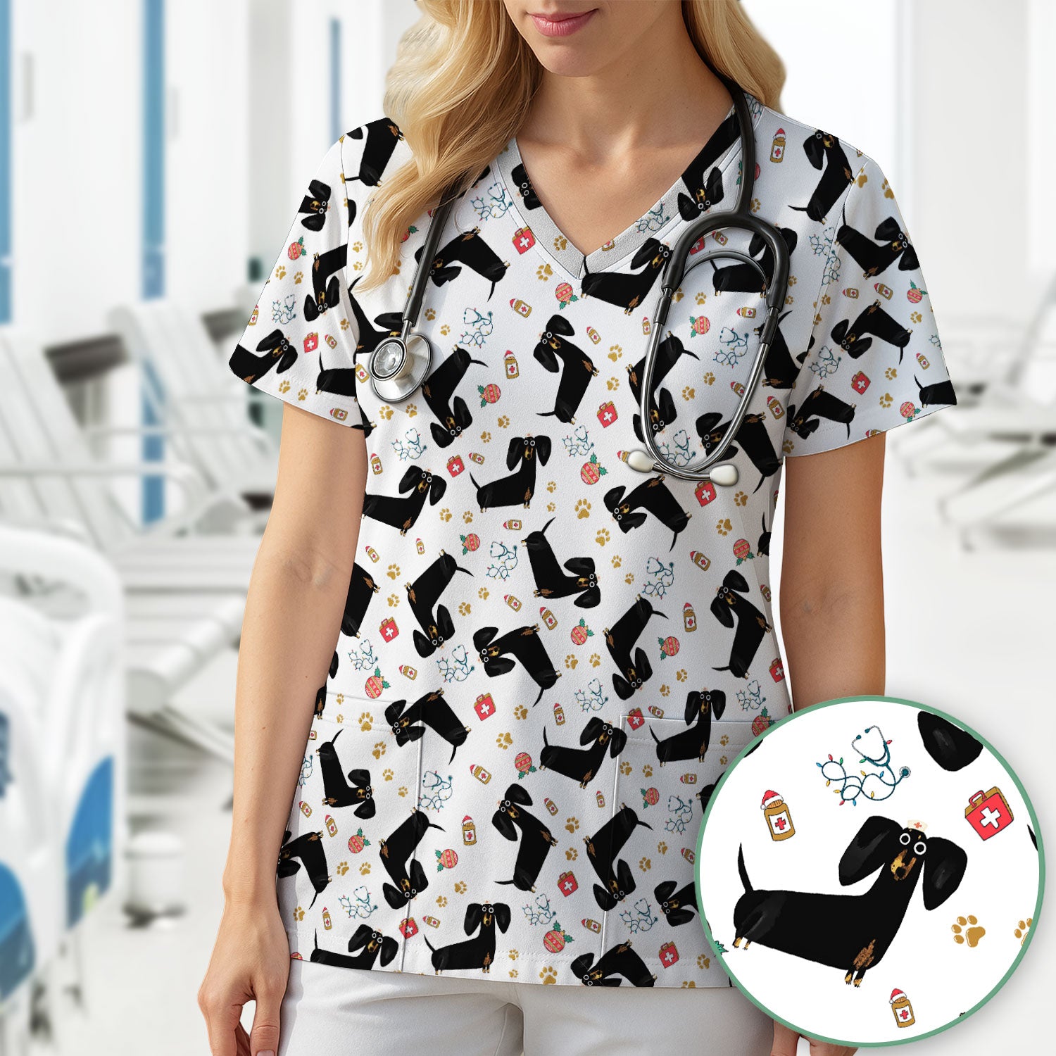 Funny Wiener Dog Scrub Top for Nurses - Cute Black Dachshund Medical Shirt - Dog Lover Nursing Uniform Gift for Women