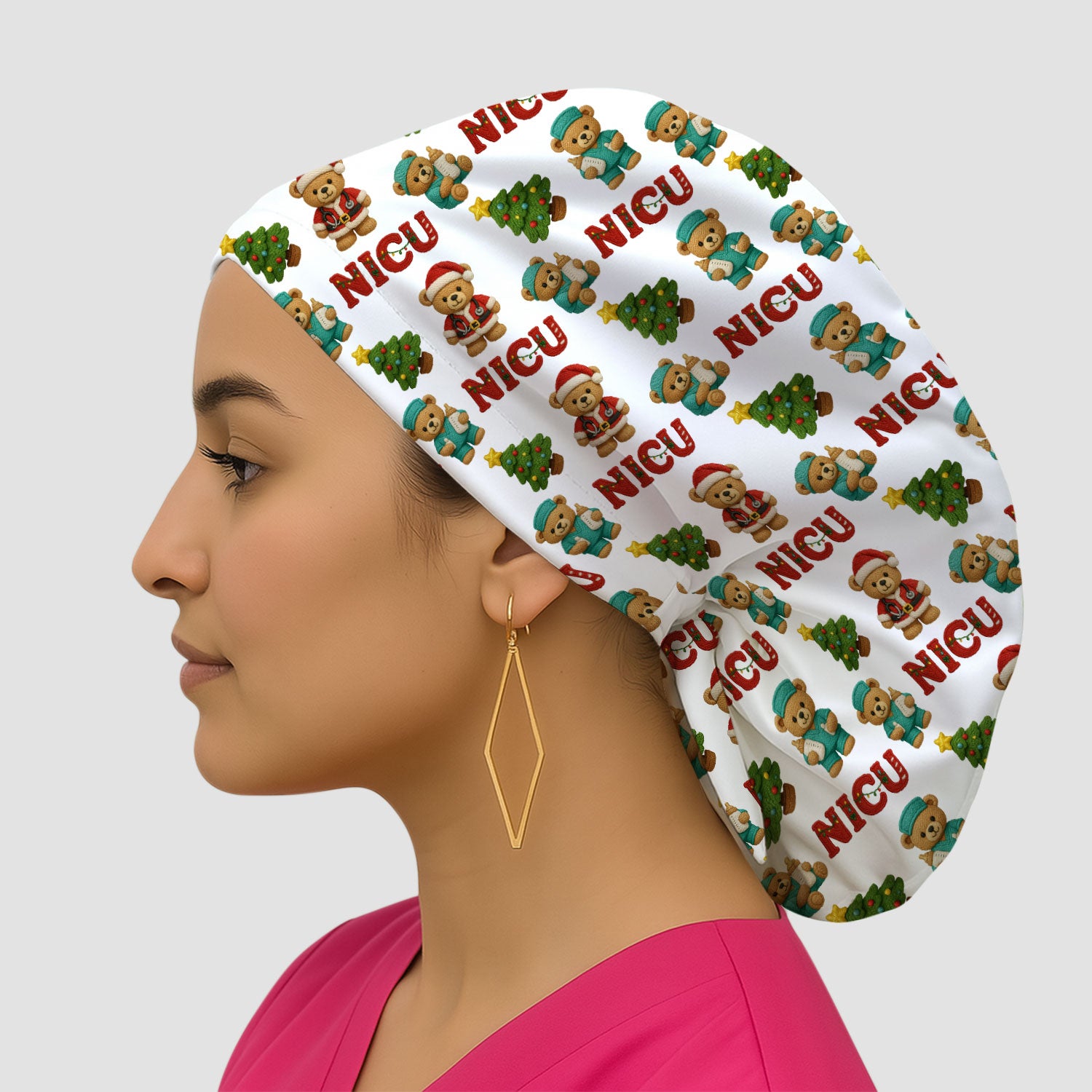Festive Christmas NICU Nurse Teddy Bear Pattern Print Cap, Bouffant Scrub Caps for Women
