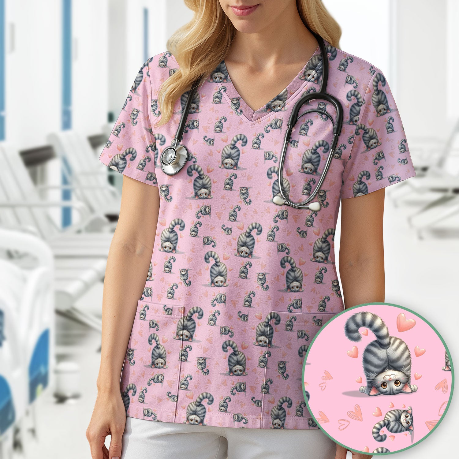 Valentine Cute Cat Scrub Top, Cat Heart Pattern Nurse Uniform, Comfortable Scrubs For Nurses