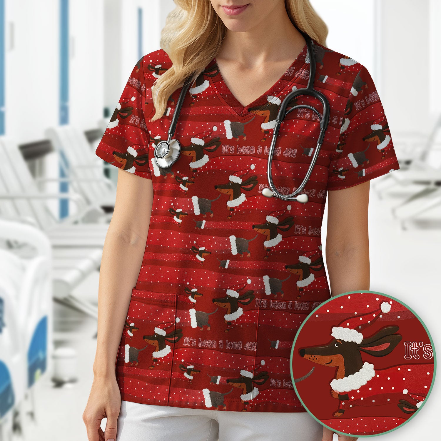 Funny Dachshund Christmas Scrub Top - It's Been a Long Day Shirt - Cute Wiener Dog Holiday Medical Uniform for Women