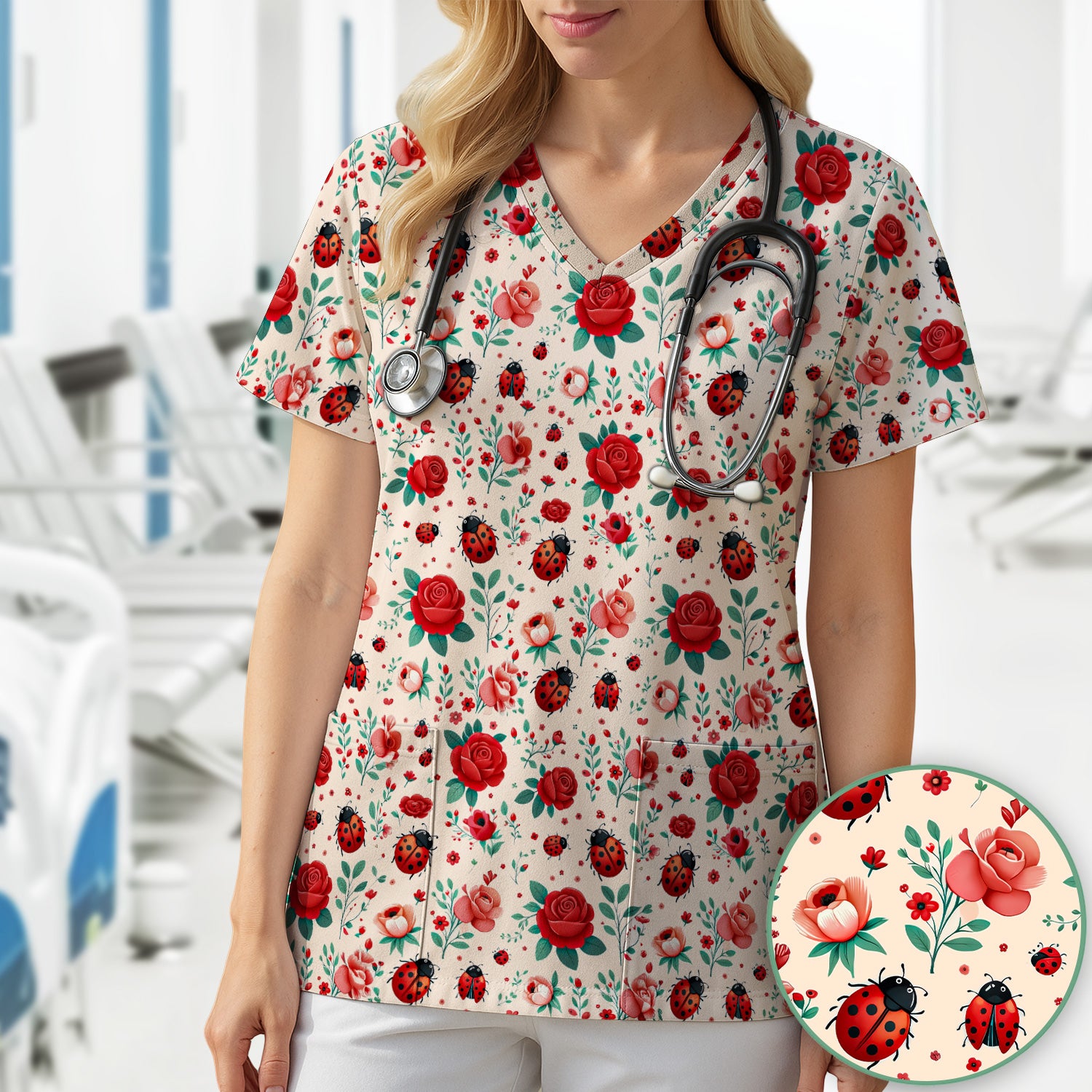 Cute Ladybug Red Rose Floral Pattern Scrub Top, Breathable Fabrics Nursing Uniform