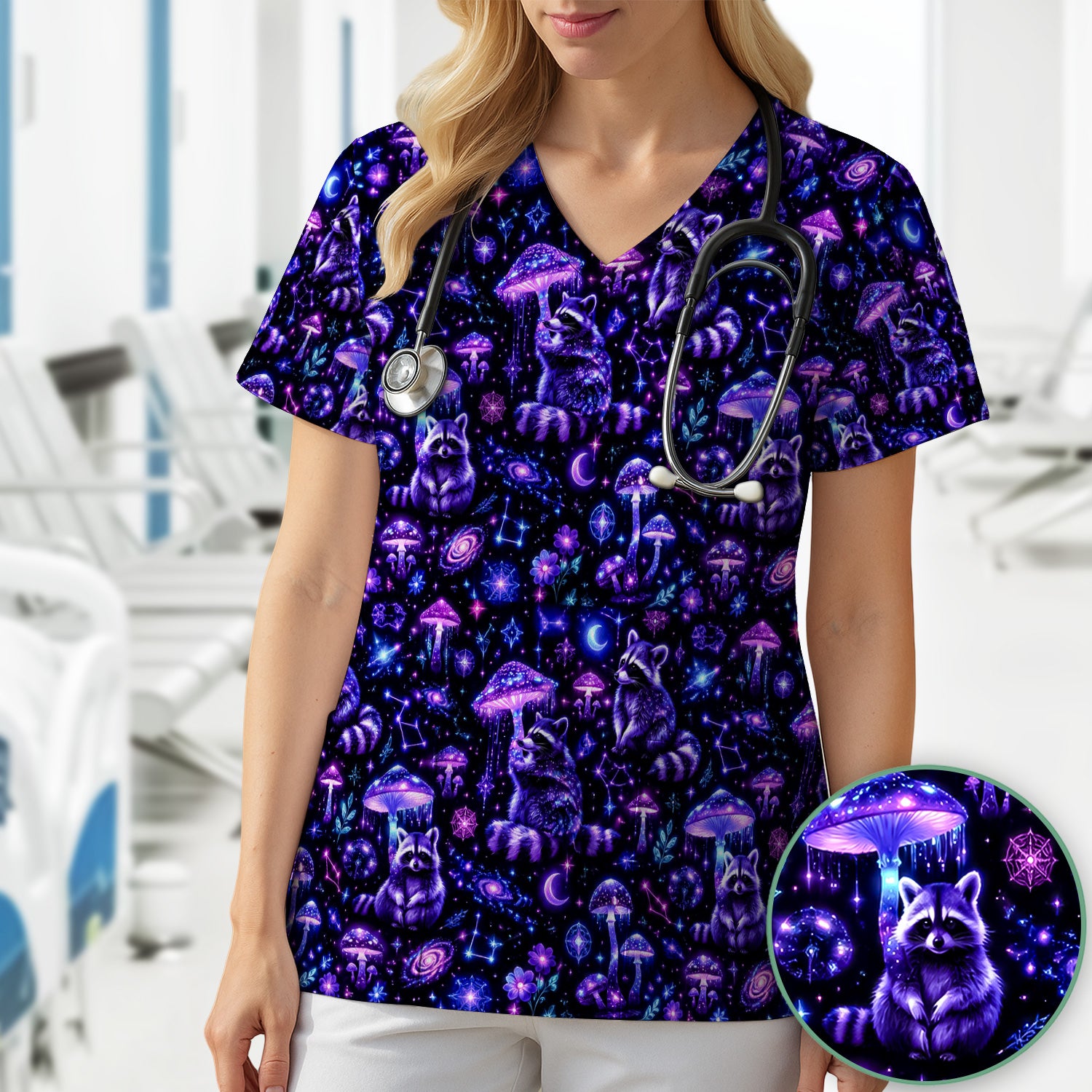 Cosmic Raccoon Mushroom Print Scrub Top, Comfortable Scrubs for Nurses