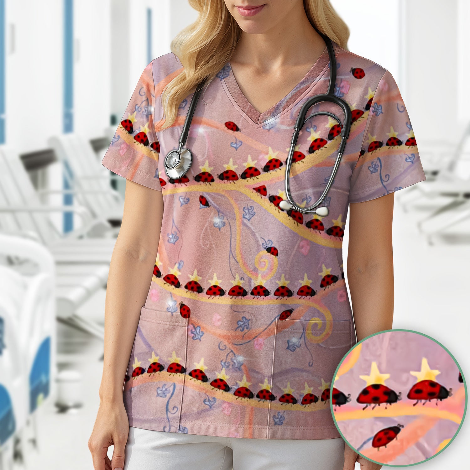 Cute Ladybug Star Vine Swirl Pattern Scrub Top, Comfortable Scrubs for Nurses