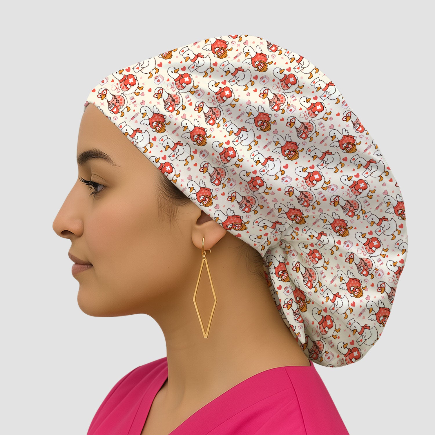 Valentine Goose Nurse Scrub Cap, Heart Medical Pattern Nurse Hat, Breathable Fabrics Nursing Uniform