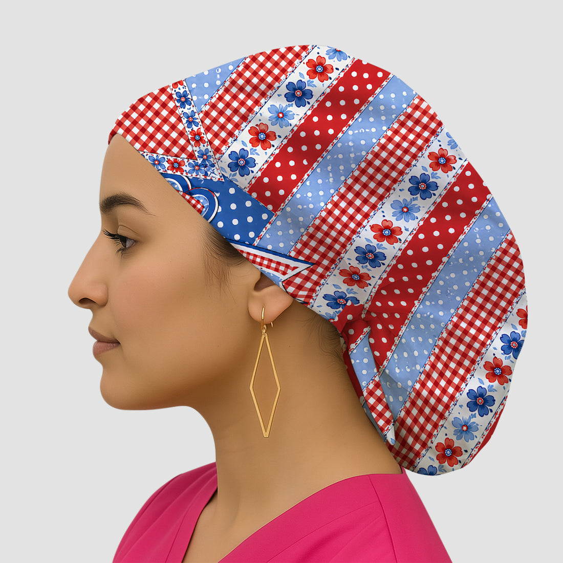 Patriotic Gingham Bow Floral Pattern Scrub Cap, Surgical Caps for Doctors