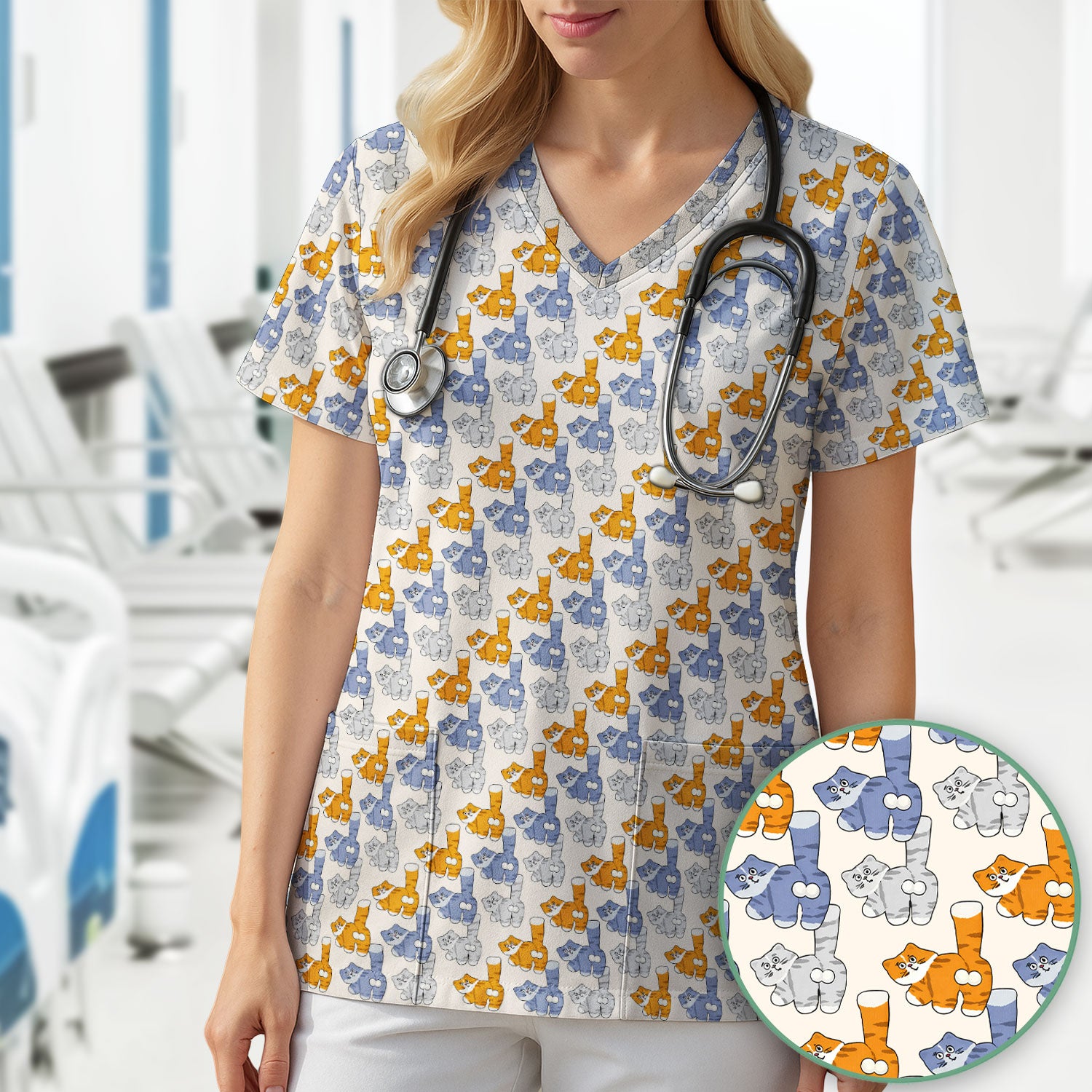 Cute Cartoon Cat Pattern Scrub Top for Nurses, Comfortable Scrubs for Nurses
