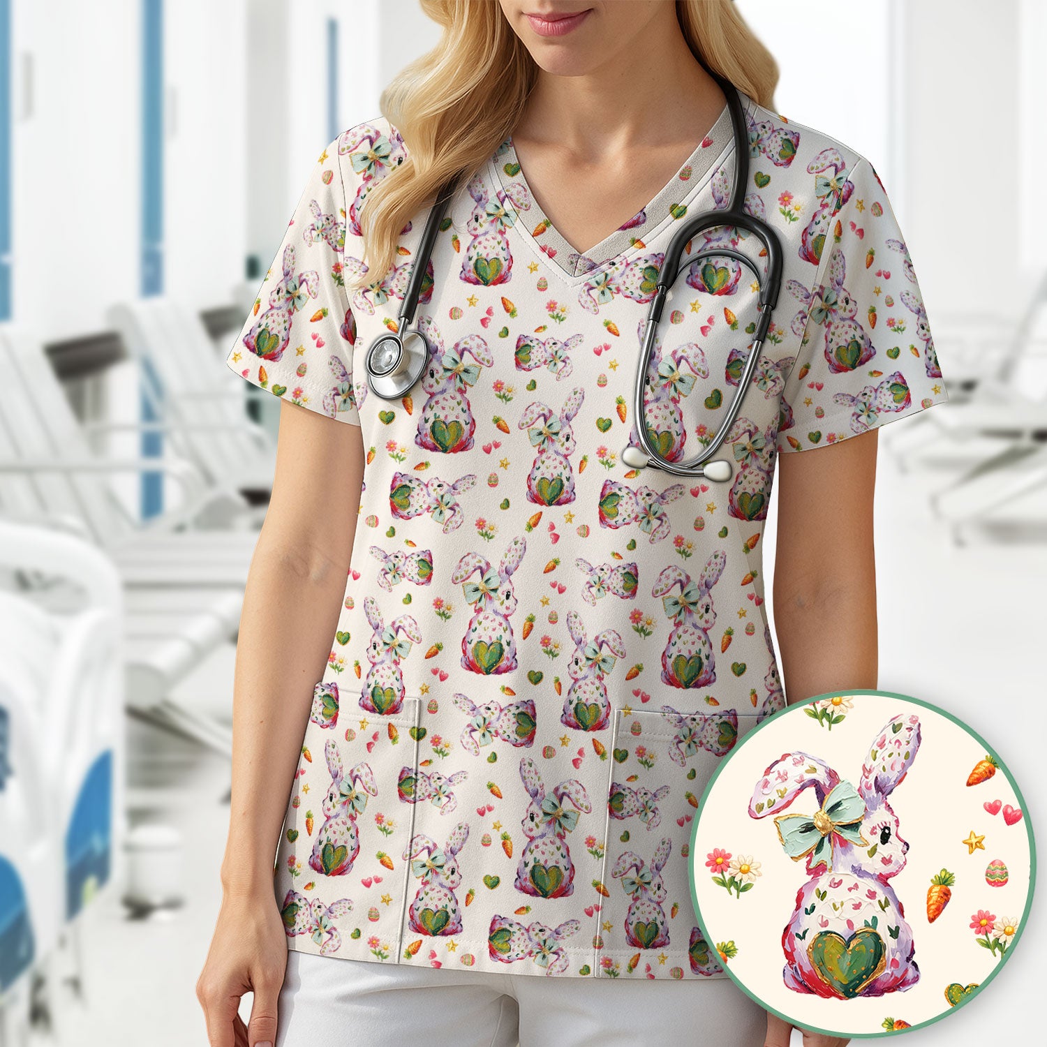Cute Pastel Bunny Easter Pattern Scrub Top, Comfortable Scrubs for Nurses