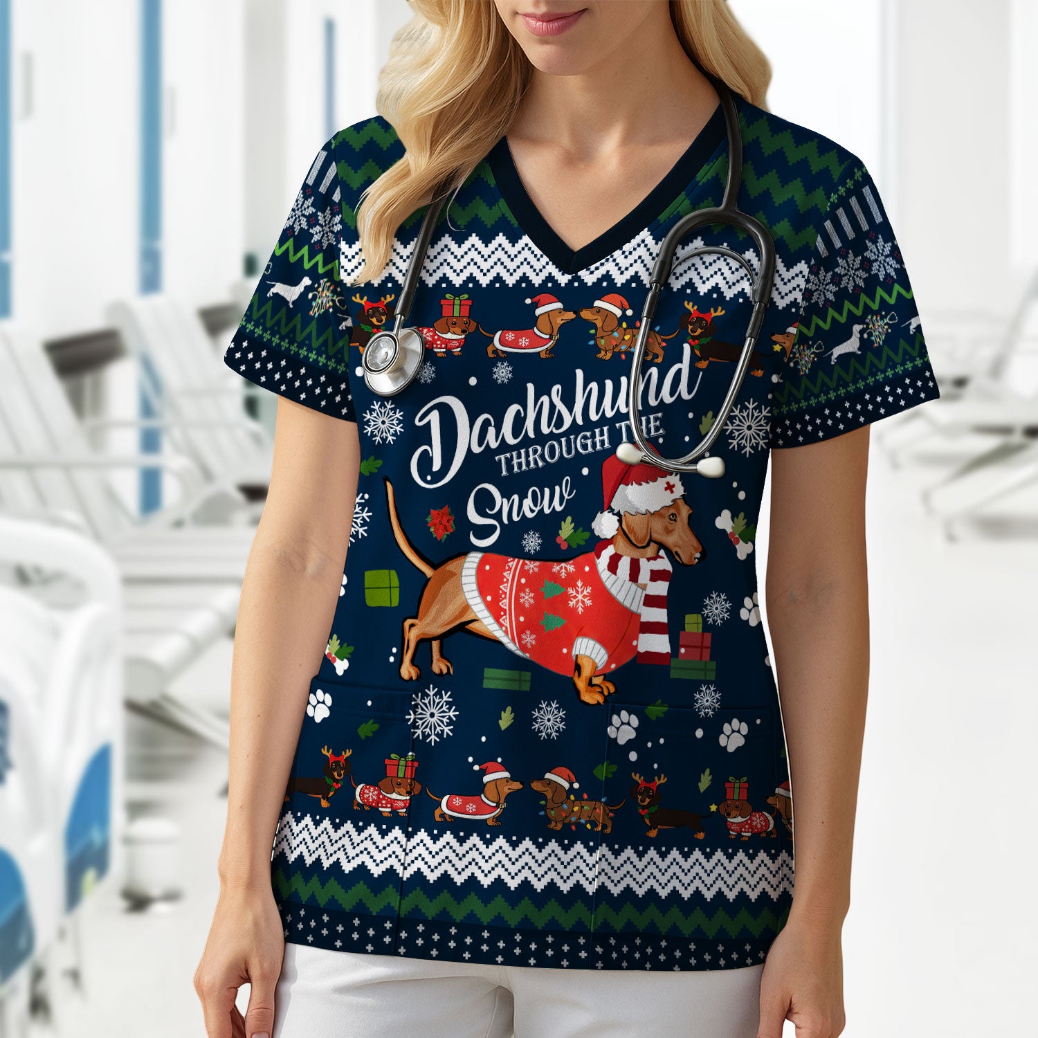 Dachshund Through the Snow - Funny Christmas Scrub Top - Wiener Dog Lover Gift - Holiday Medical Uniform