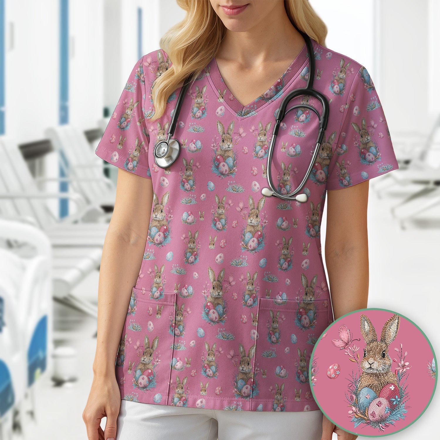 Pastel Easter Bunny Nest Pattern Scrub Top, Comfortable Scrubs for Nurses