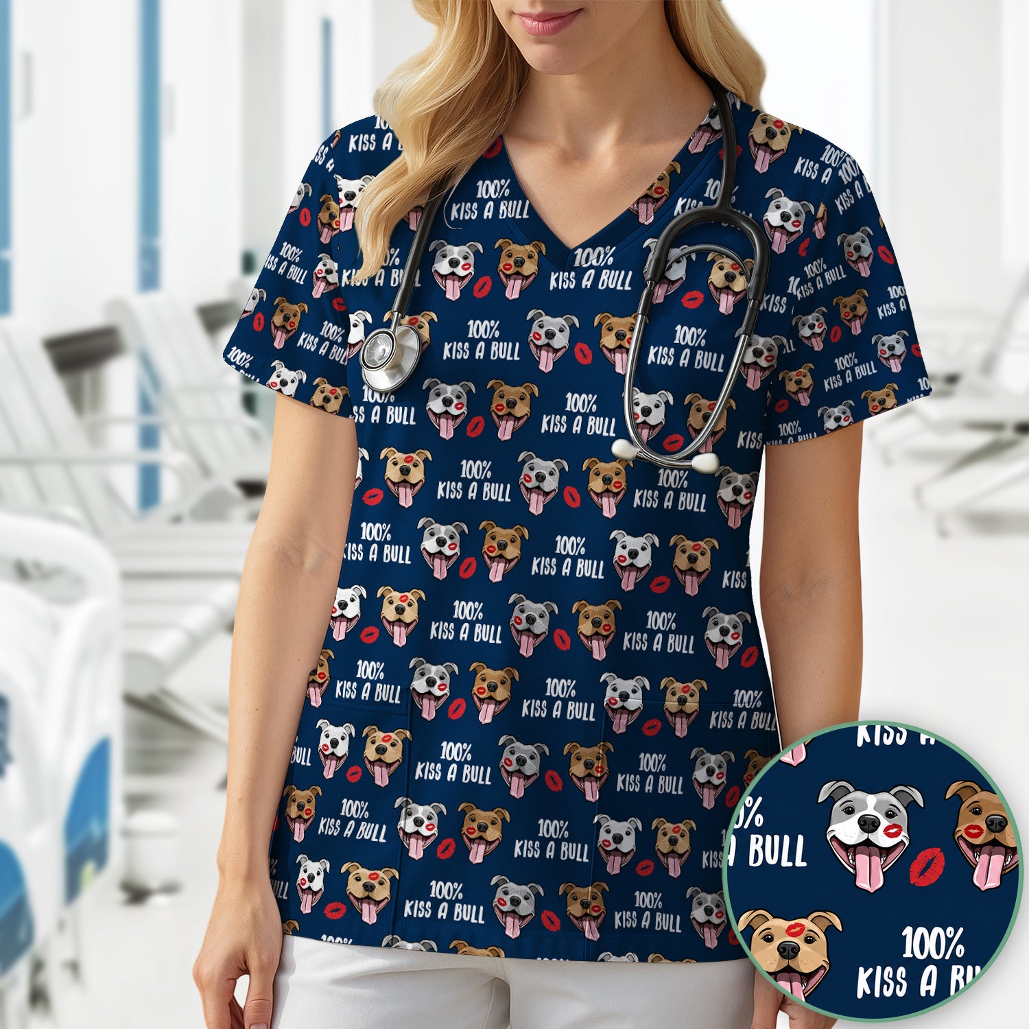 Kiss A Bull Pitbull Print Scrub Top, Comfortable Scrubs for Nurses