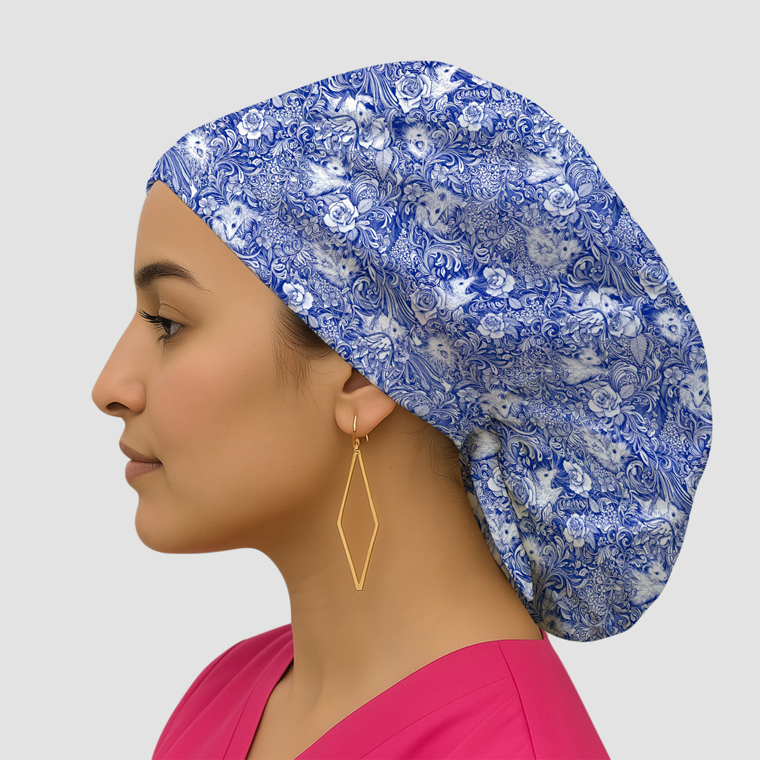 Blue Toile Opossum Floral Pattern Scrub Cap, Surgical Caps for Doctors