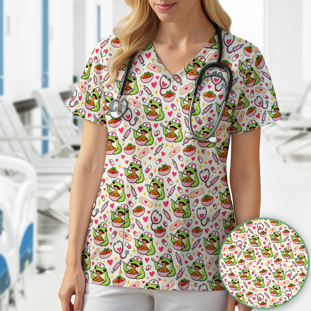 Cute Nurse Frogs Eating Noodles Scrub Top, Comfortable Scrubs for Nurses