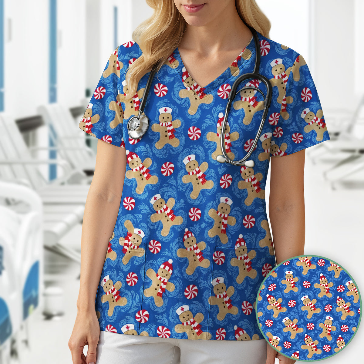 Christmas Gingerbread Nurses & Peppermint Pattern Scrub Top, Comfortable Scrubs for Nurses