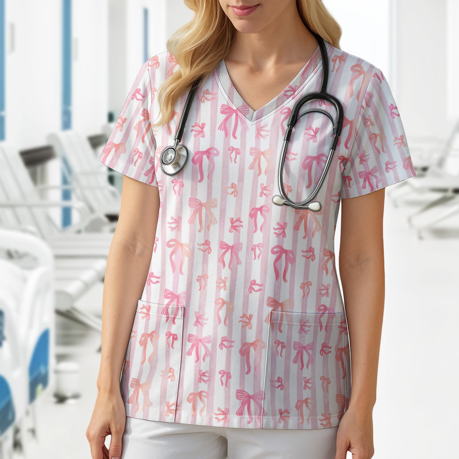 Pink Bow Stripe Pattern Print Scrub Top, Comfortable Scrubs for Nurses