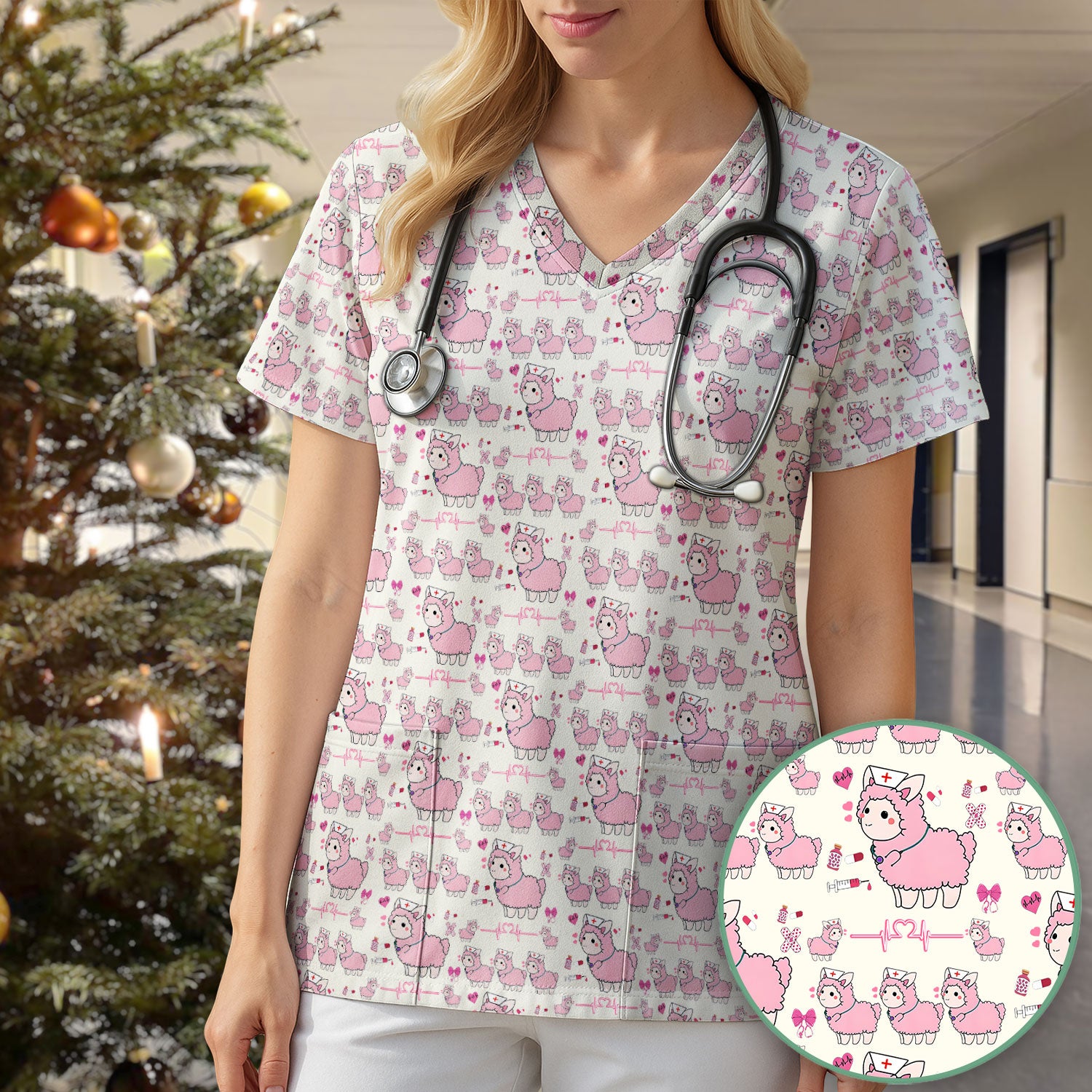 Llama Ain't Got Time For Your Drama Scrub Top, Funny Pattern Scrub Shirt, Breathable Fabrics Nursing Uniform