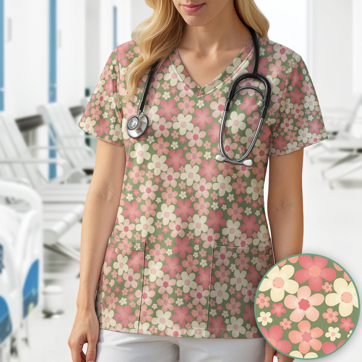 Retro Floral Print Scrub Top, Comfortable Scrubs for Nurses