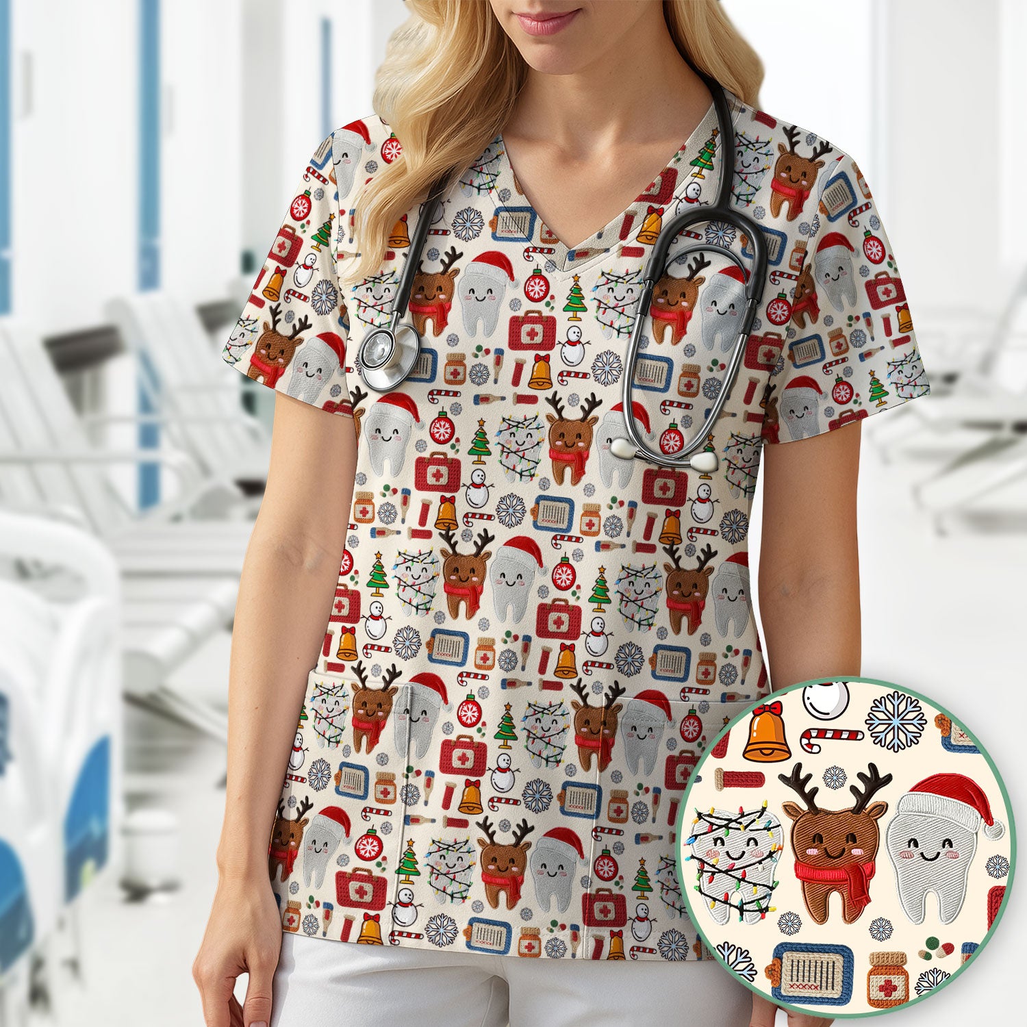 Christmas Dental Scrub Top - Cute Santa & Reindeer Tooth Shirt - Funny Holiday Medical Uniform for Dentists, Hygienists & Nurses