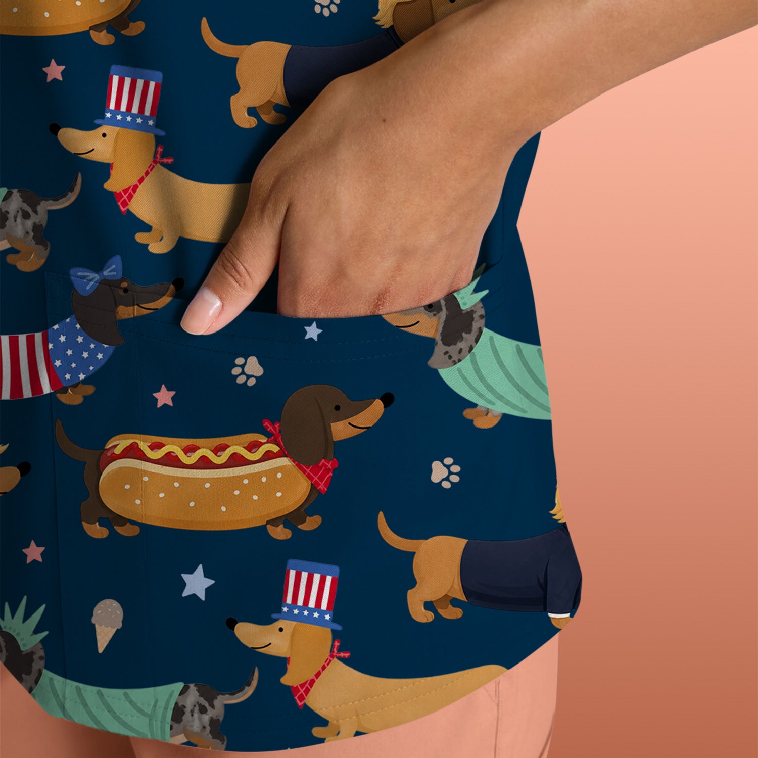 Funny Patriotic Dachshund Costume Dogs Pattern Scrub Top, Breathable Fabrics Nursing Uniform